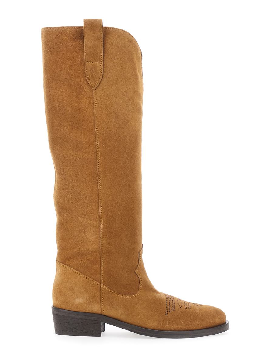 Brown Boots With Almond Toe And Low Block Heel In Suede Woman