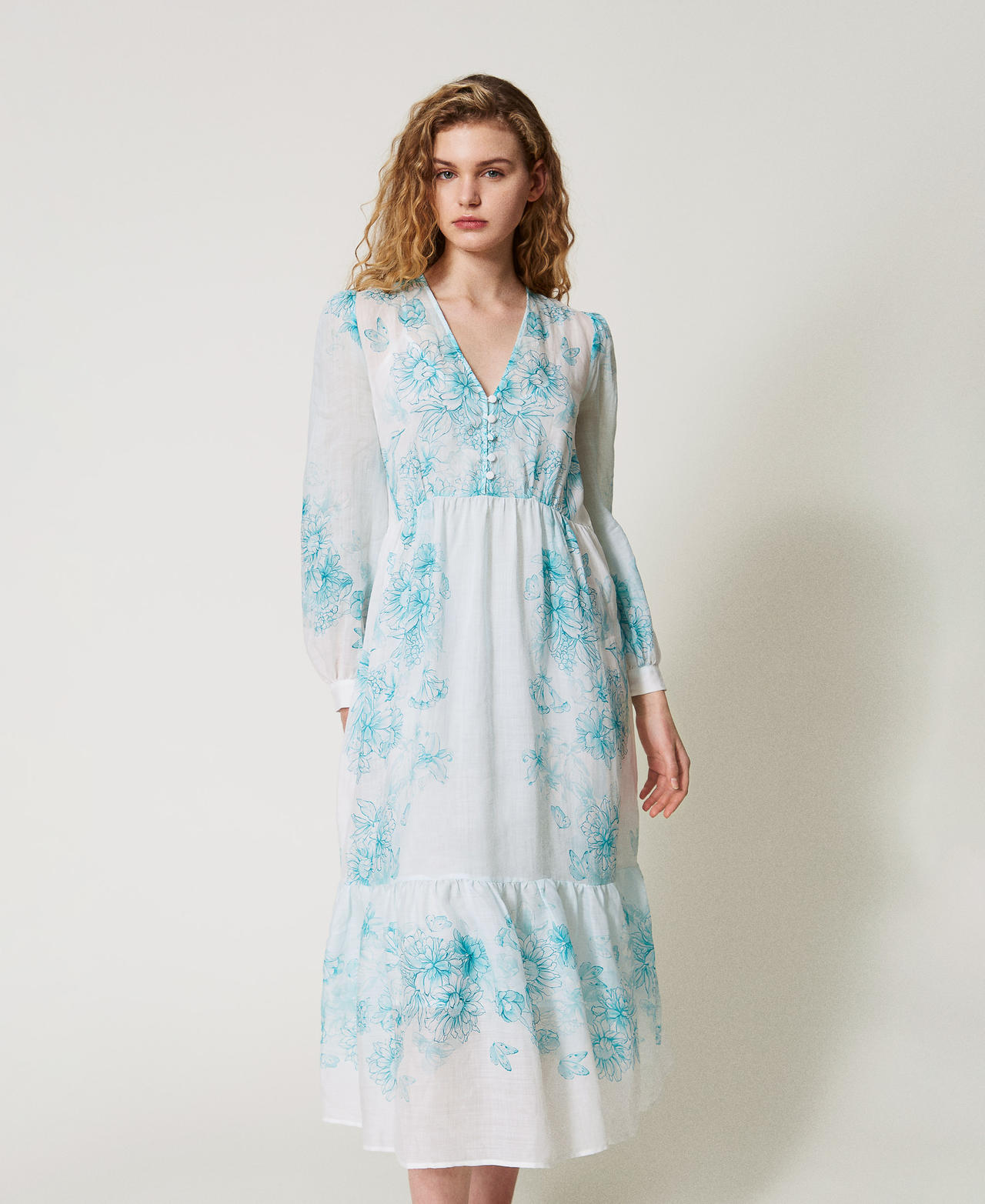 Twinset Robes - Robe longue florale en ramie, Imprimé Fleurs/Colibri Nymphe/Water Green, À fleurs, Taille: 38