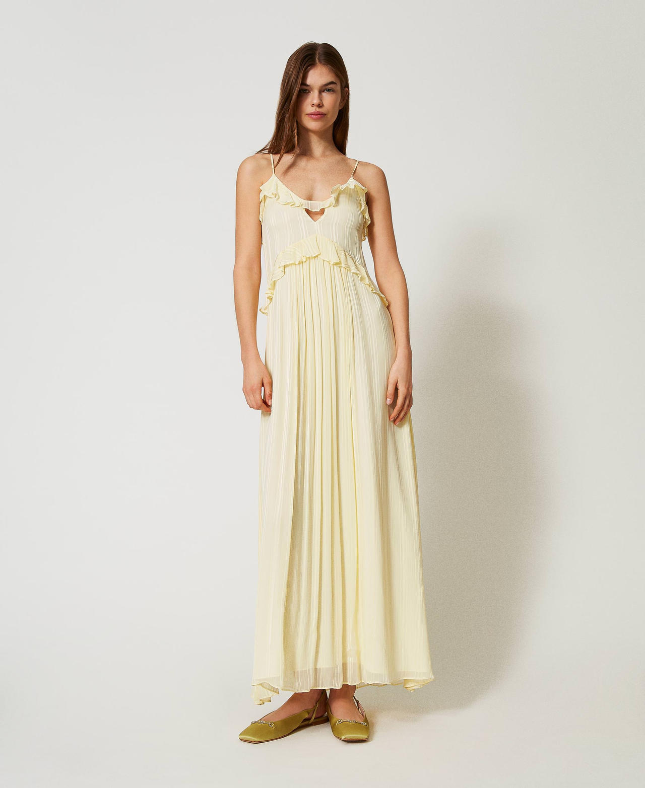 Twinset Robes - Robe midi en crêpe georgette et satin, Vanille, Taille: 44