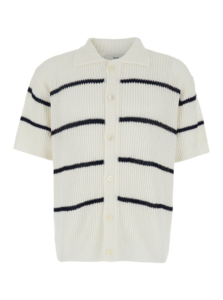 White Knitted Polo Shirt With All-Over Striped Motif In Linen Blend Man
