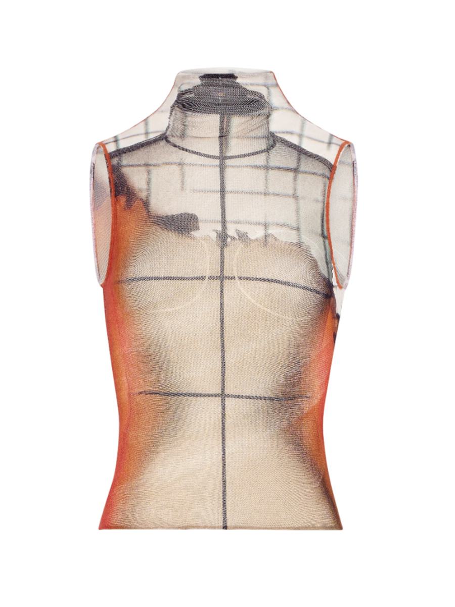 Jean Paul Gaultier White Tulle Tank Top With "Fire" Print And Draped Lining