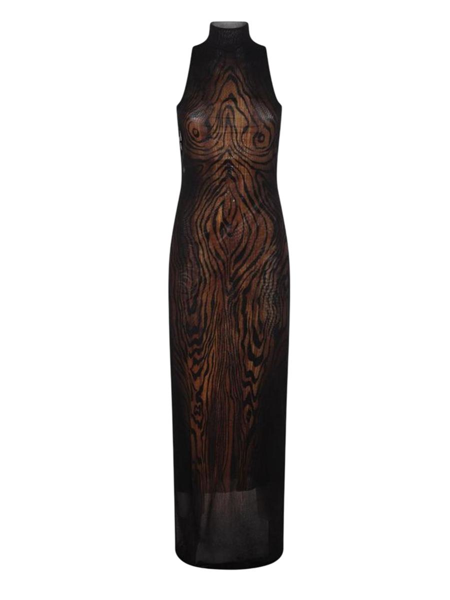 Jean Paul Gaultier Long Mesh Dress Double-Layer "Wood" Printed Long Mesh Dress