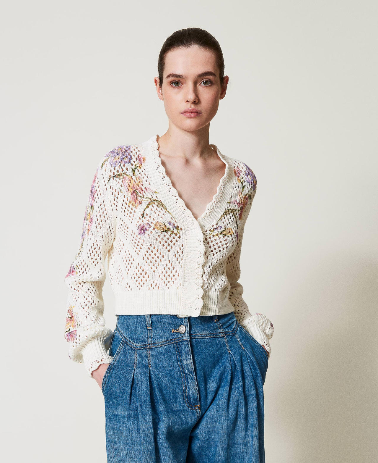 Twinset Cardigans - Cardigan en maille avec imprimé floral, Imprimé Iris Multicolore/Nacre, À fleurs, Taille: XL