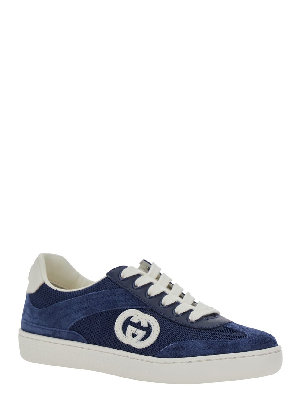 Gucci Blue Sneaker With Gg Cross On The Side And Back In Suede And Fabric Boy