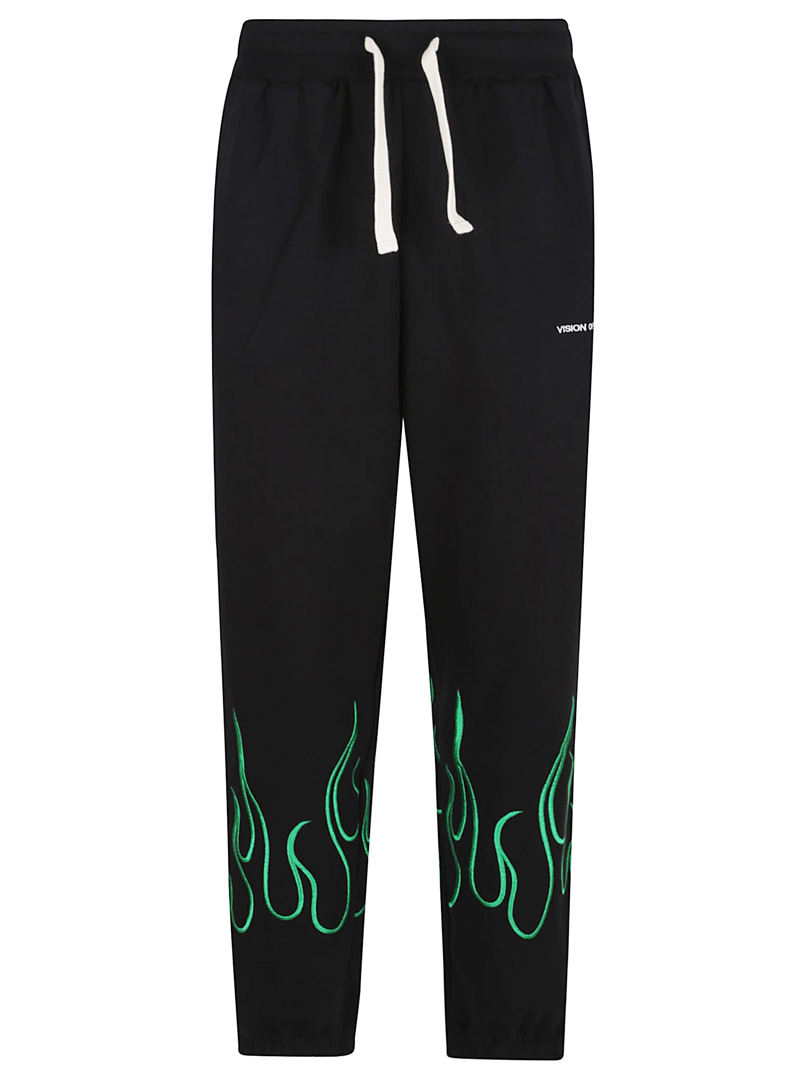 Vision of Super Black Pants With Embroidered Green Flames, White Logo
