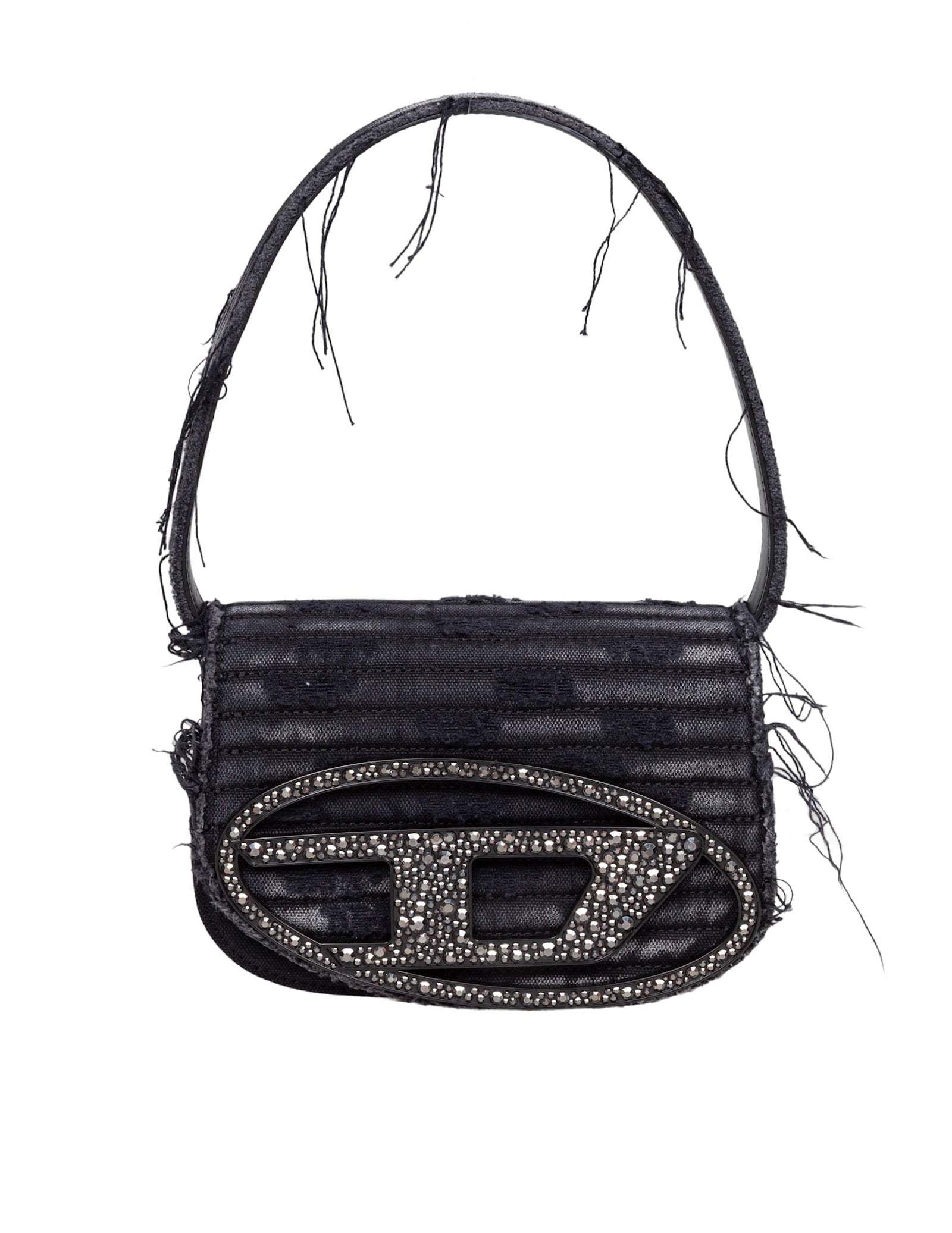 Diesel 1dr Shoulder Bag In Denim Canvas With Crystal Appliques, Black