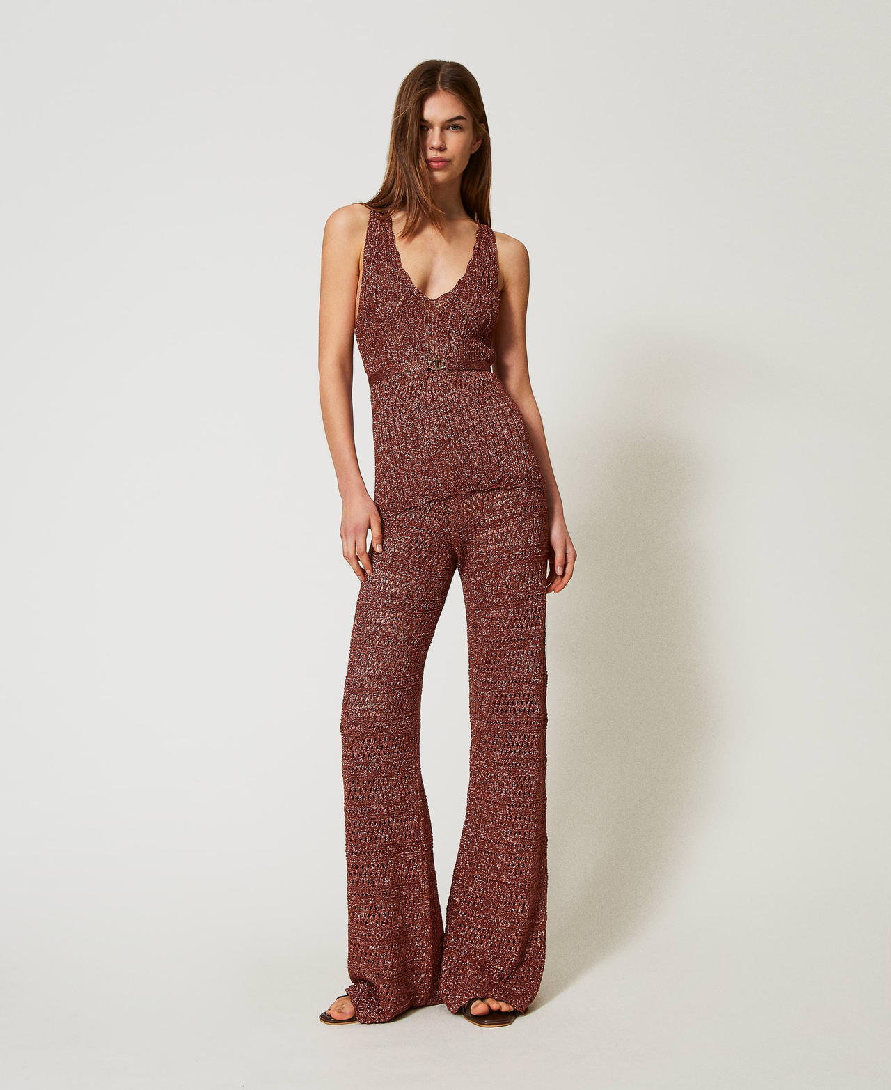 Twinset Pantalons - Pantalon palazzo en maille avec lurex, Amber Brown Lurex, Taille: XS