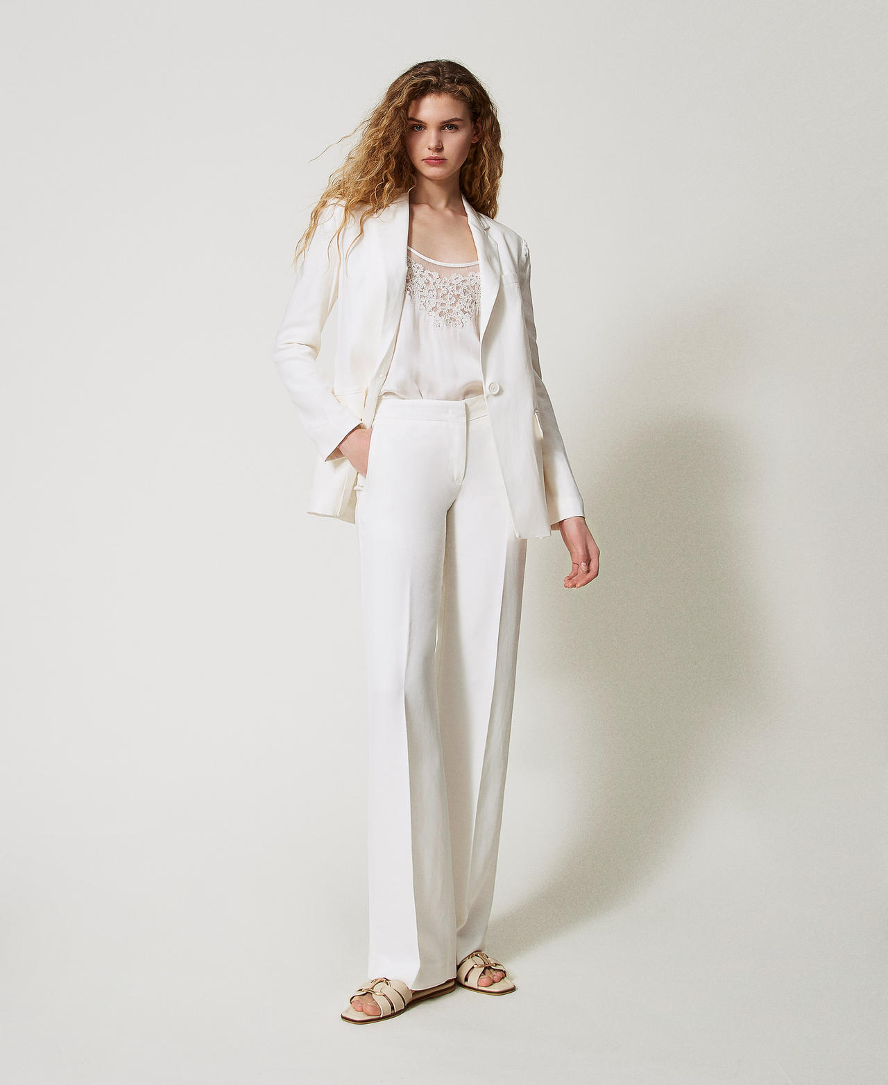 Twinset Pantalons - Pantalon droit avec poches, Blanc Sugar, Lin, Taille: 40