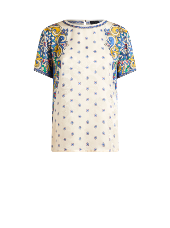 Etro, T-shirt En Soie Mélangée Avec Imprimé, Femme, Blanc, Taille 38