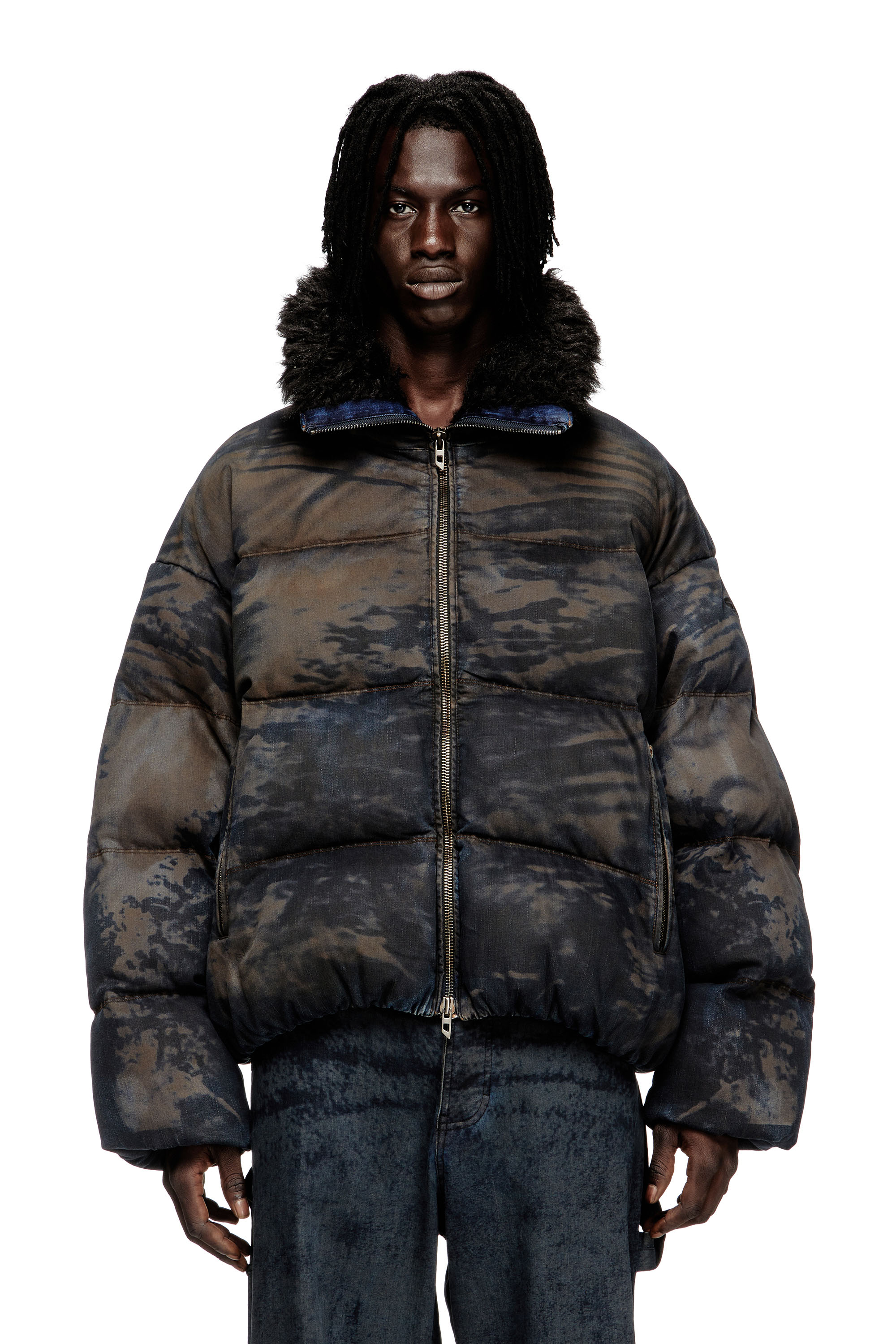 Diesel - Puffer jacket in dirt-effect camo denim - Winter Jackets - Man - To Be Defined