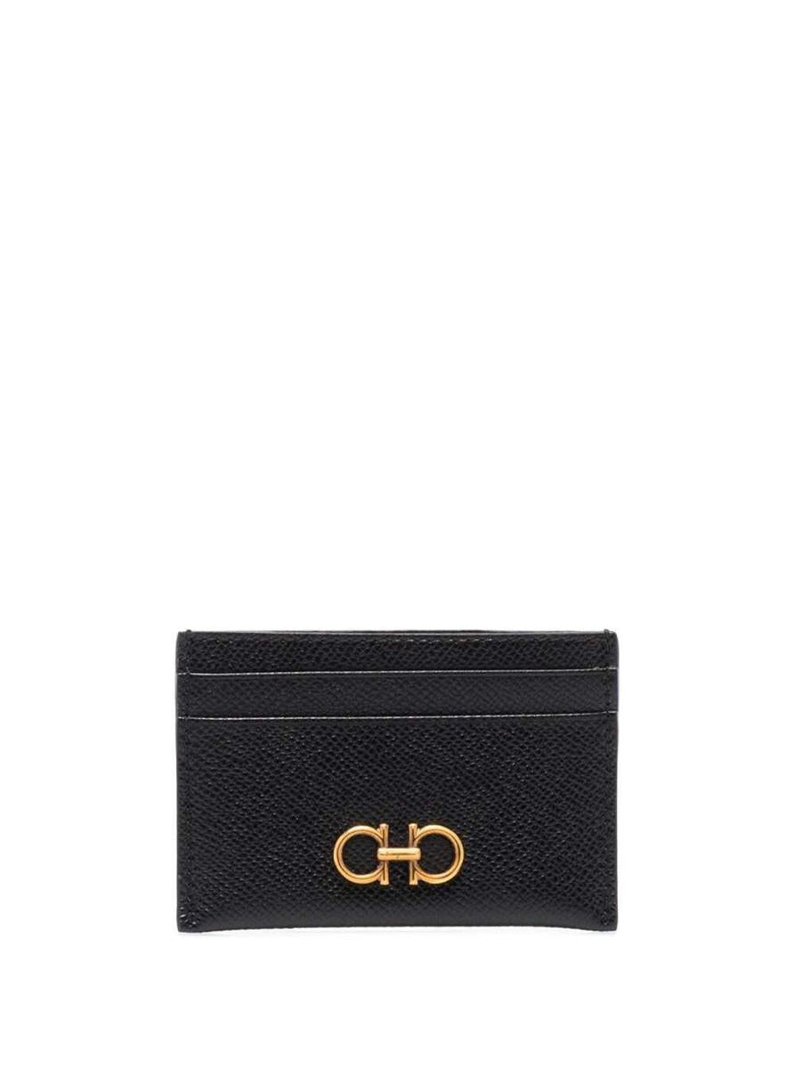 Black Card-Holder With Gancini Detail In Hammered Leather Woman