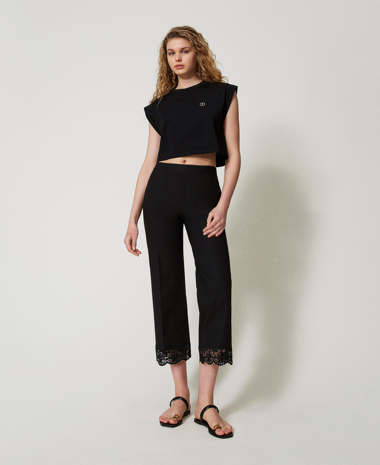 Twinset Pantalons - Pantalon cropped en popeline avec dentelle, Noir, Taille: 38