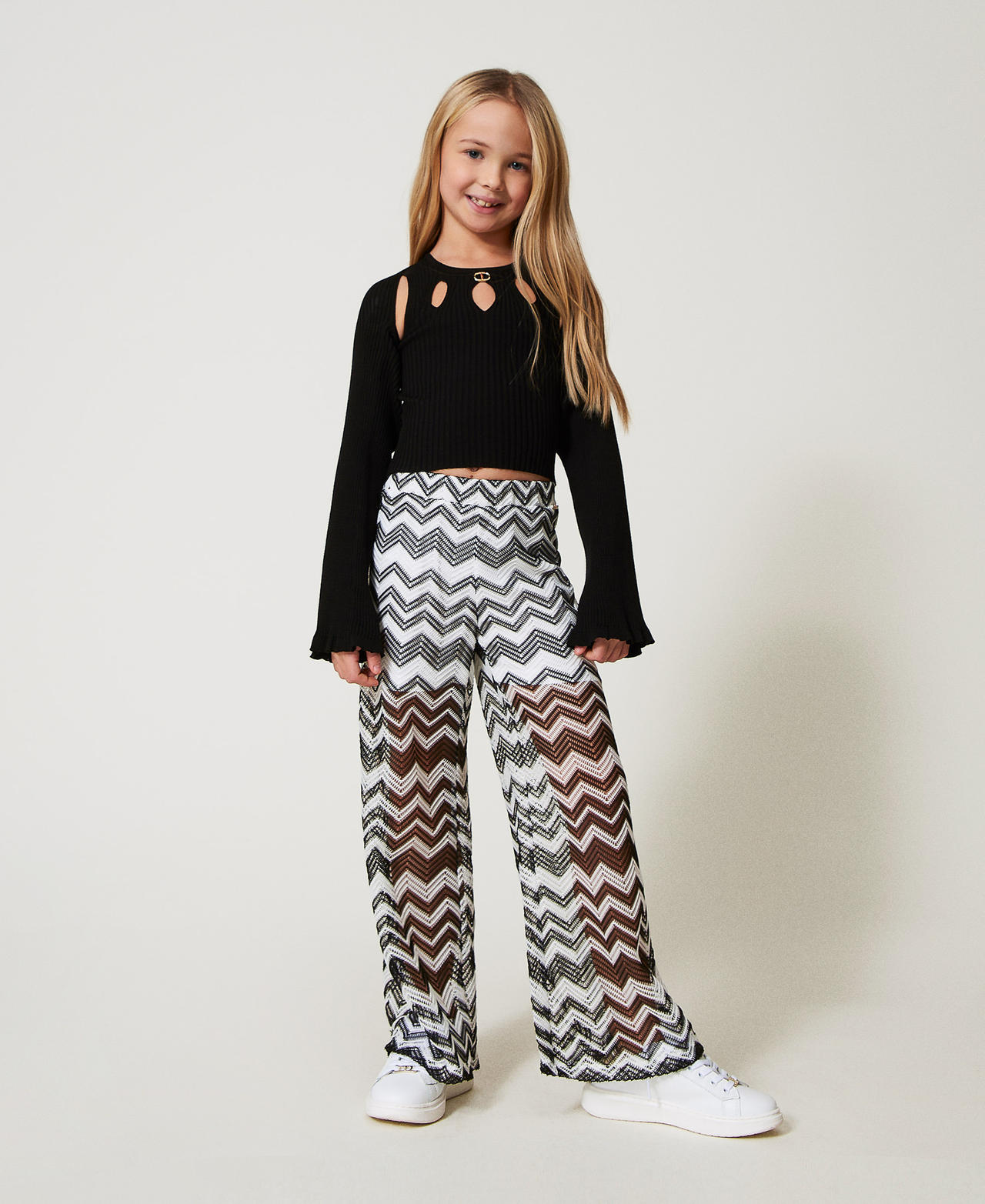 Twinset Pantalons - Pantalon en filet à chevrons, Bicolore Blanc Glace / Noir, Taille: 10A