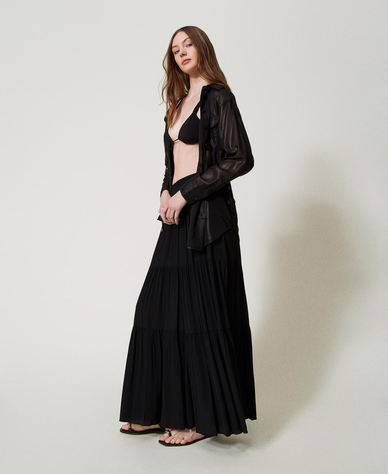 Twinset Plage - Jupe longue volantée, Noir, Taille: XS