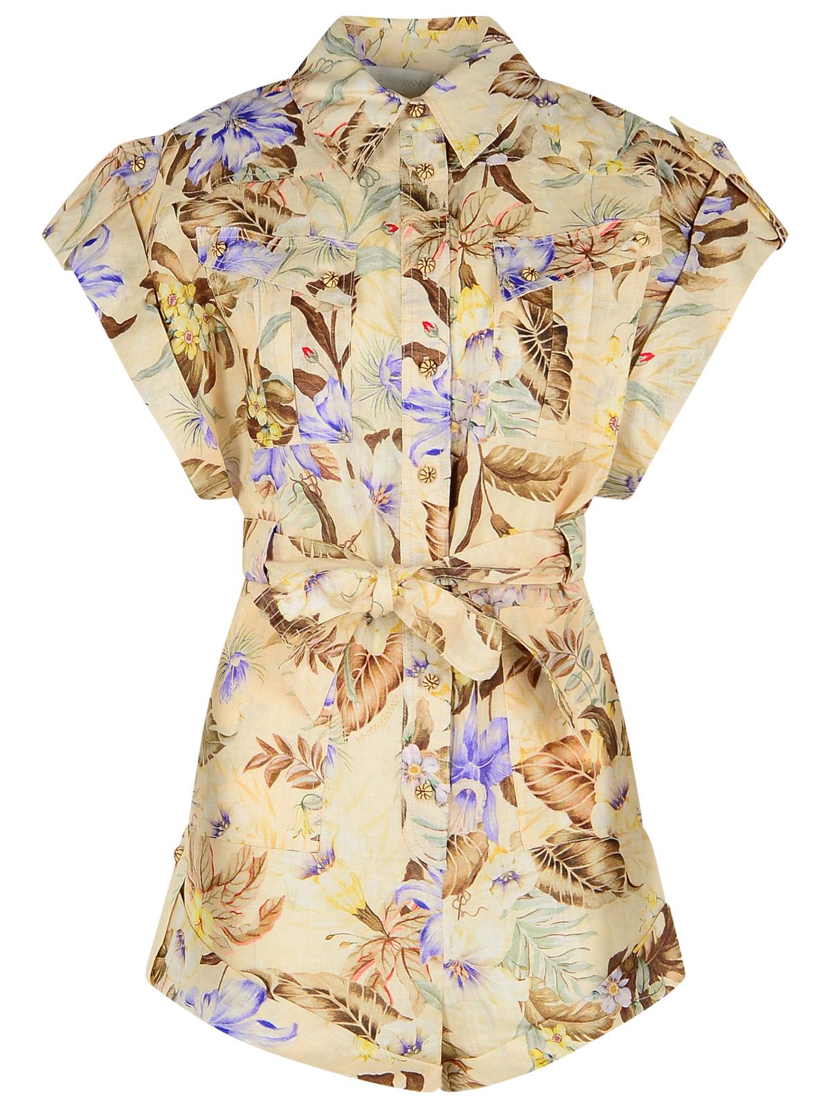 Zimmermann coco One-piece Jumpsuit In Beige Linen With Multi Floral