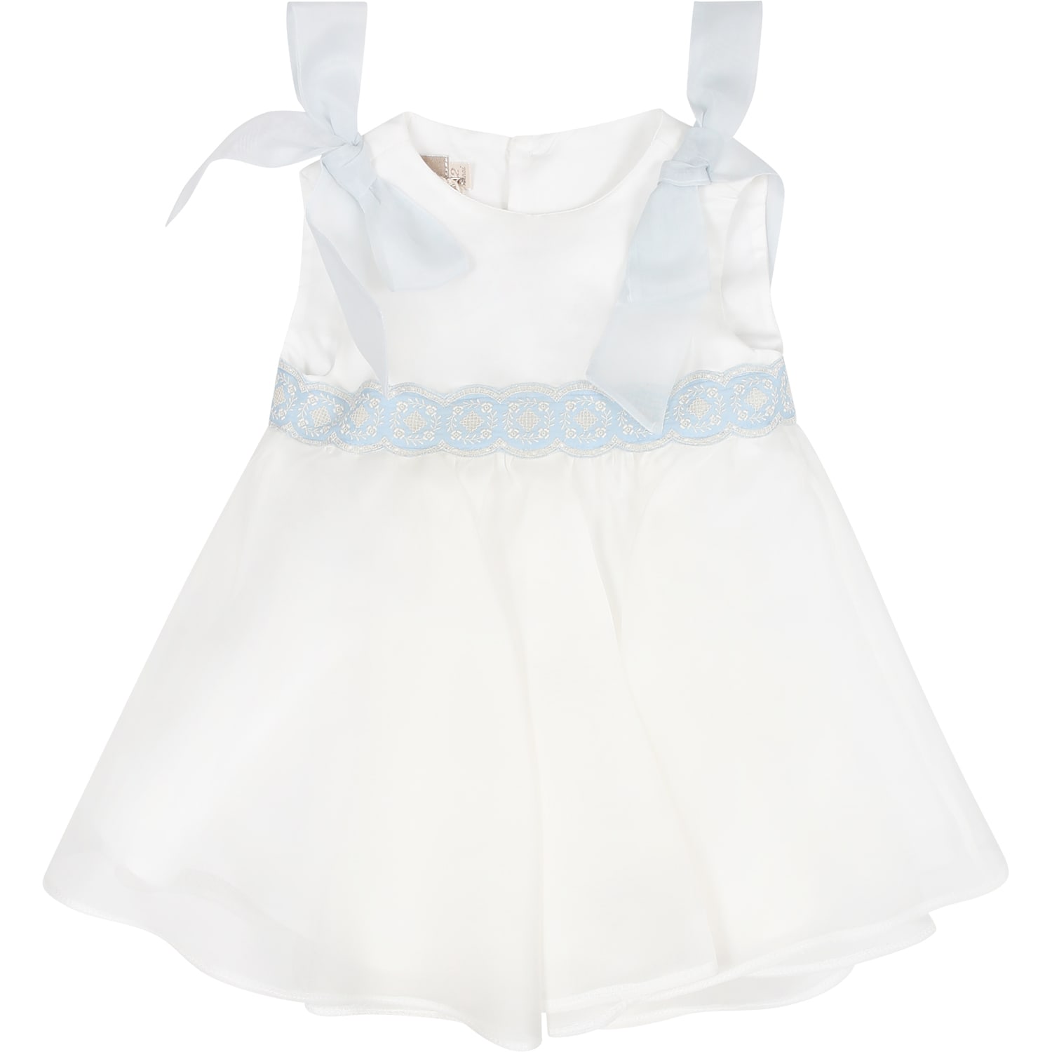 La stupenderia White Dress For Baby Girl With Light Blue Embroidery