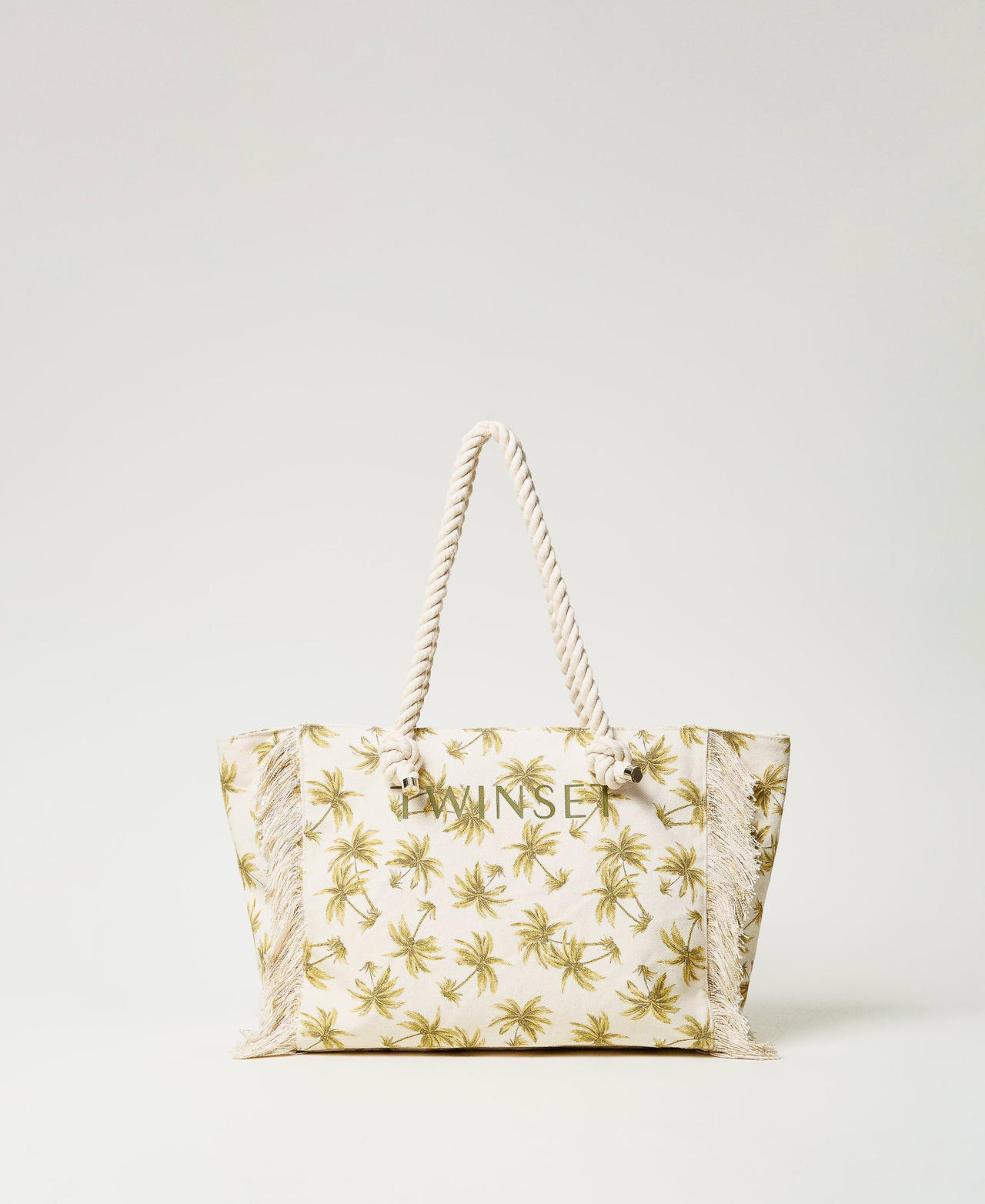 Twinset Plage - Cabas en toile imprimée, Imprimé Palmiers Nacre/Olive Leaf, Taille Unique