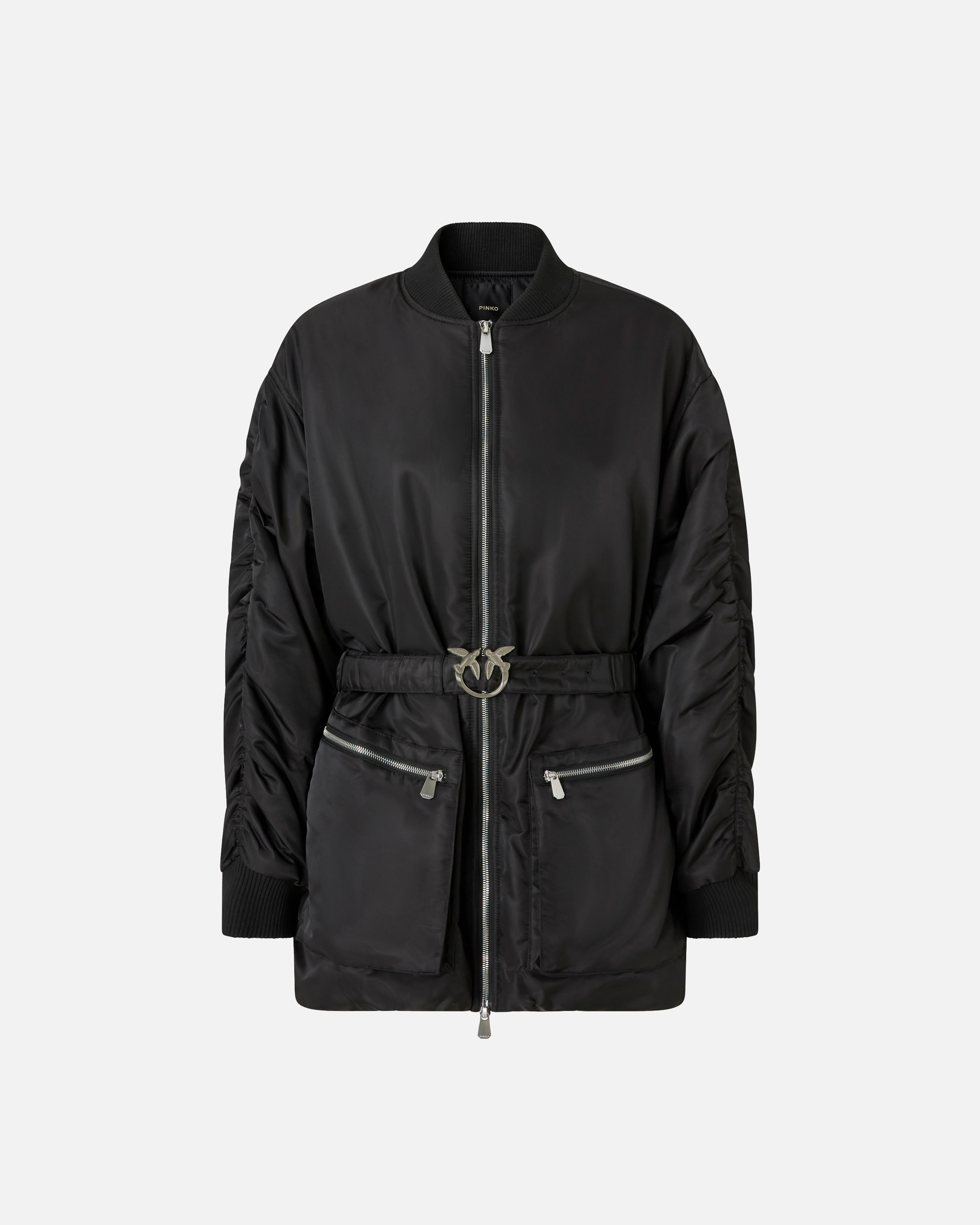 Pinko, Long technical satin bomber jacket, Noir limousine, XXS