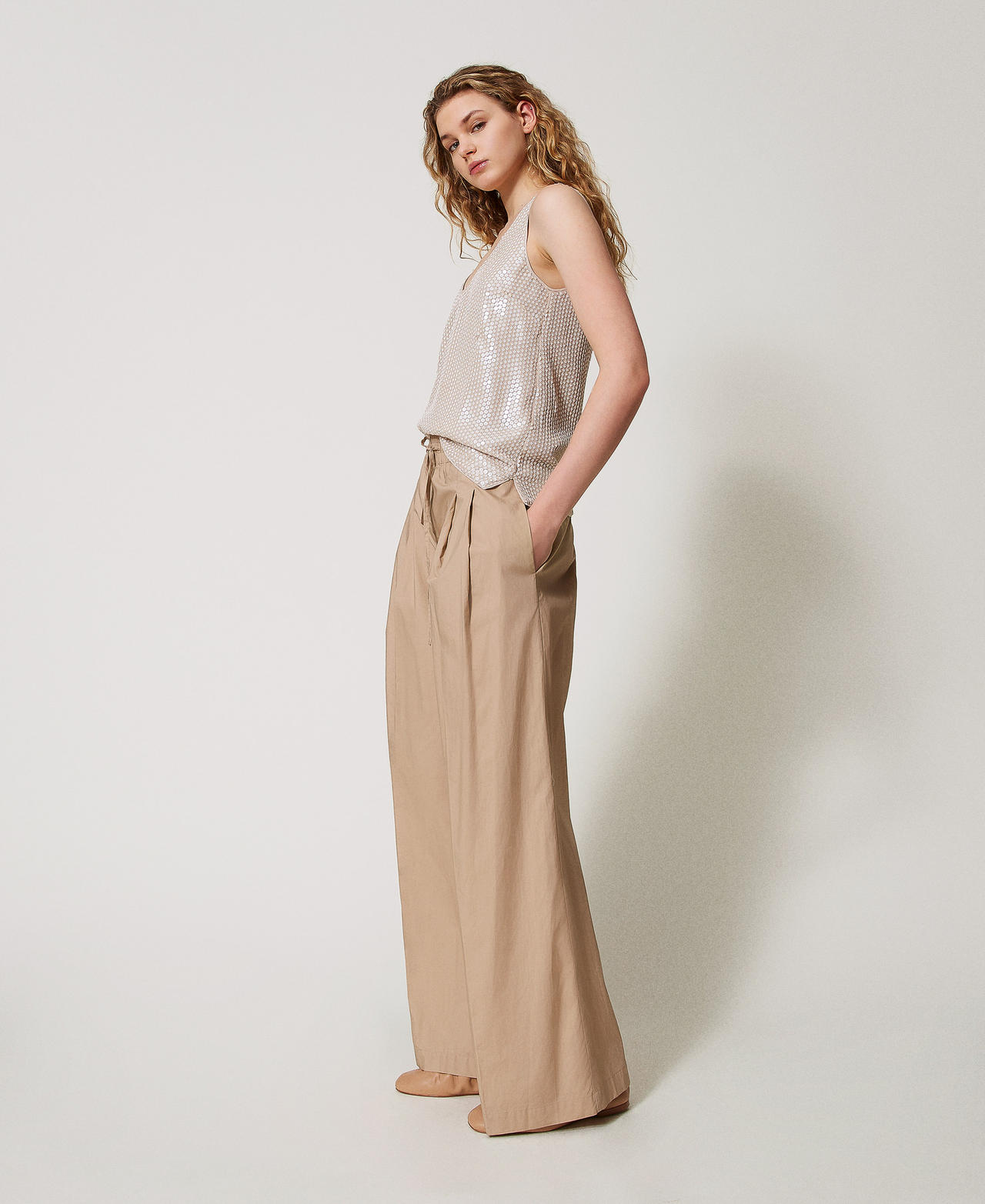 Twinset Pantalons - Pantalon palazzo en popeline, Beige « Rope », Coton, Taille: 40