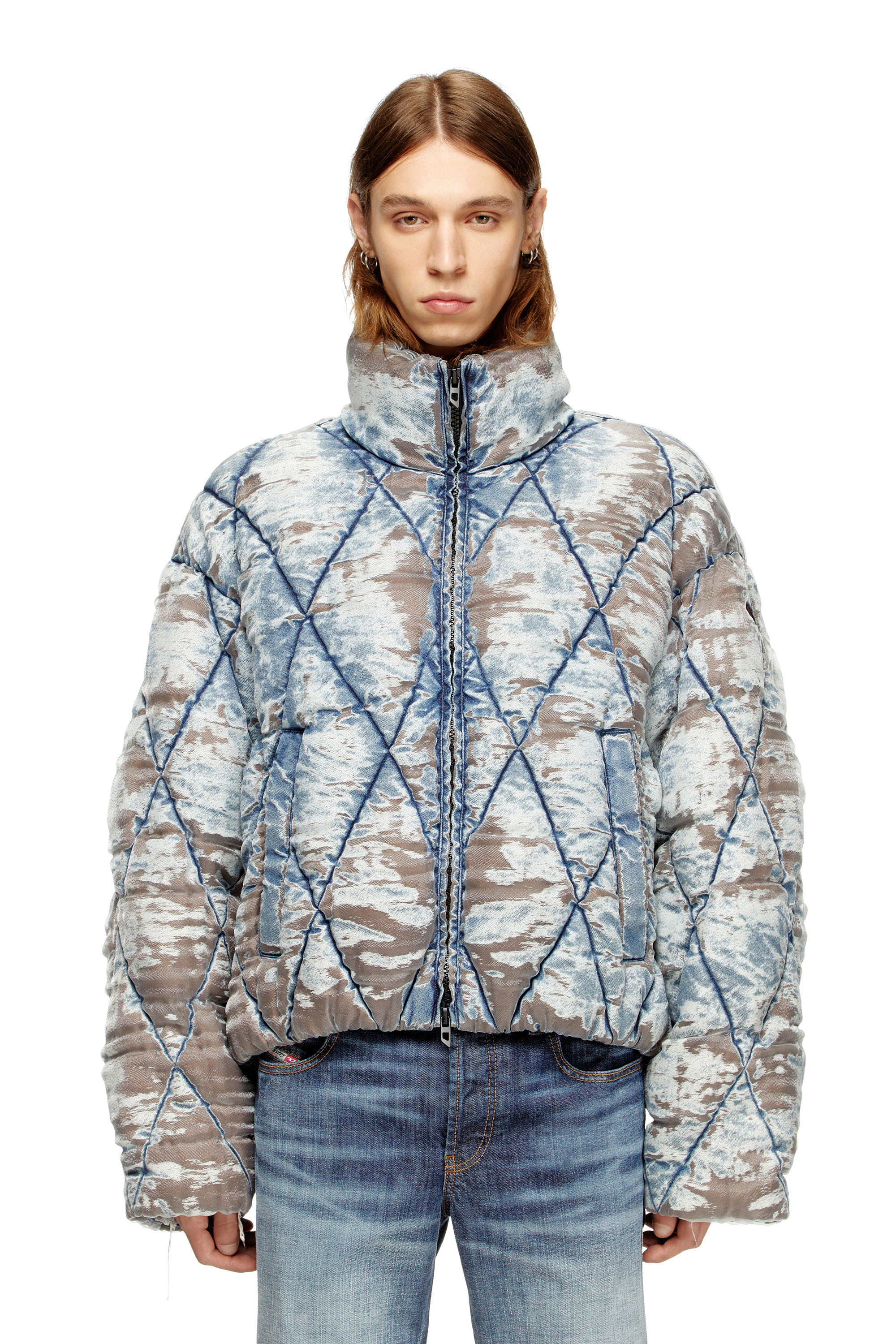 Diesel - Padded jacket in argyle-quilted devoré denim - Winter Jackets - Man - To Be Defined