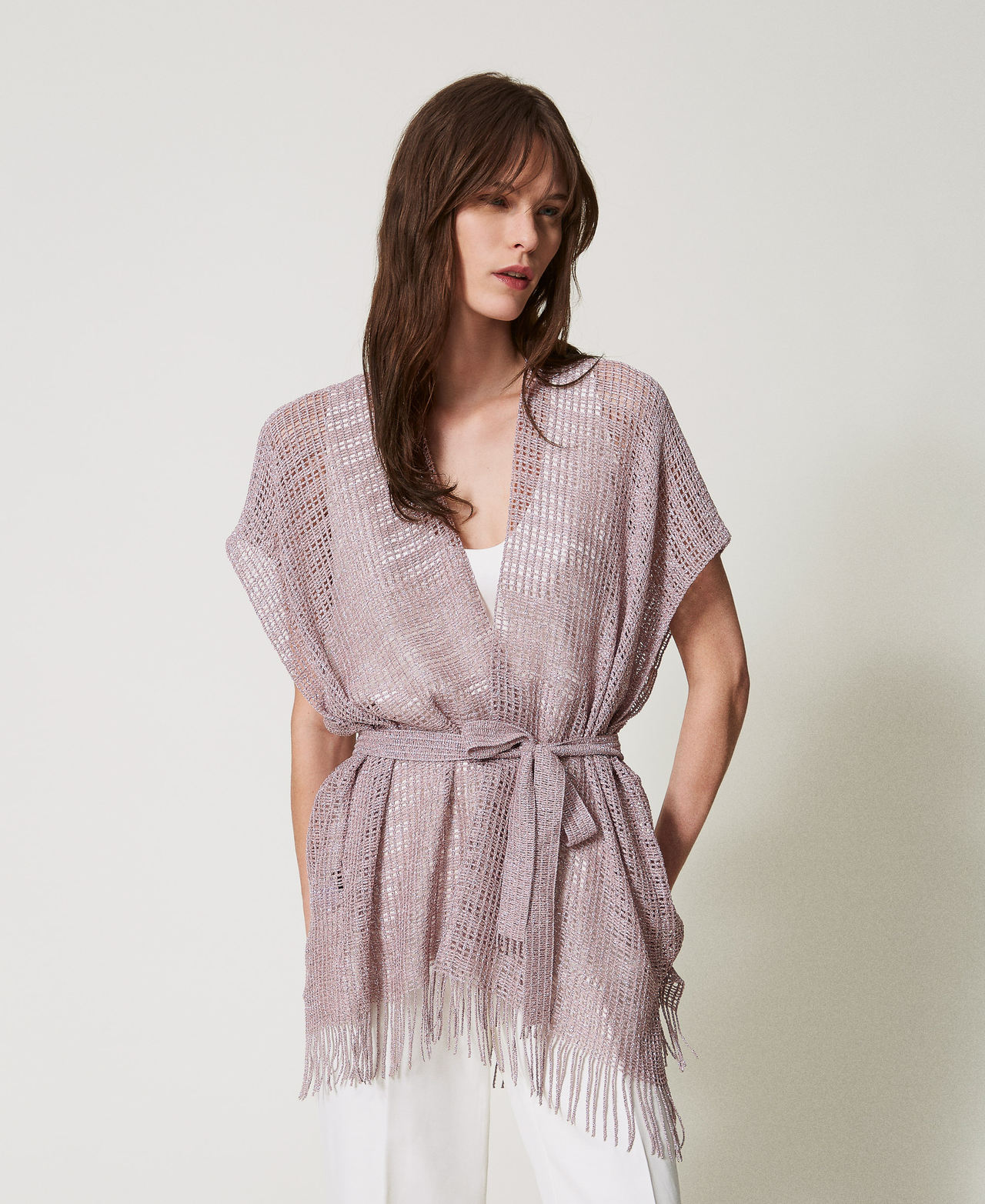 Twinset Cardigans - Caftan court en filet et lurex avec franges, Fleurs de lilas, Taille Unique