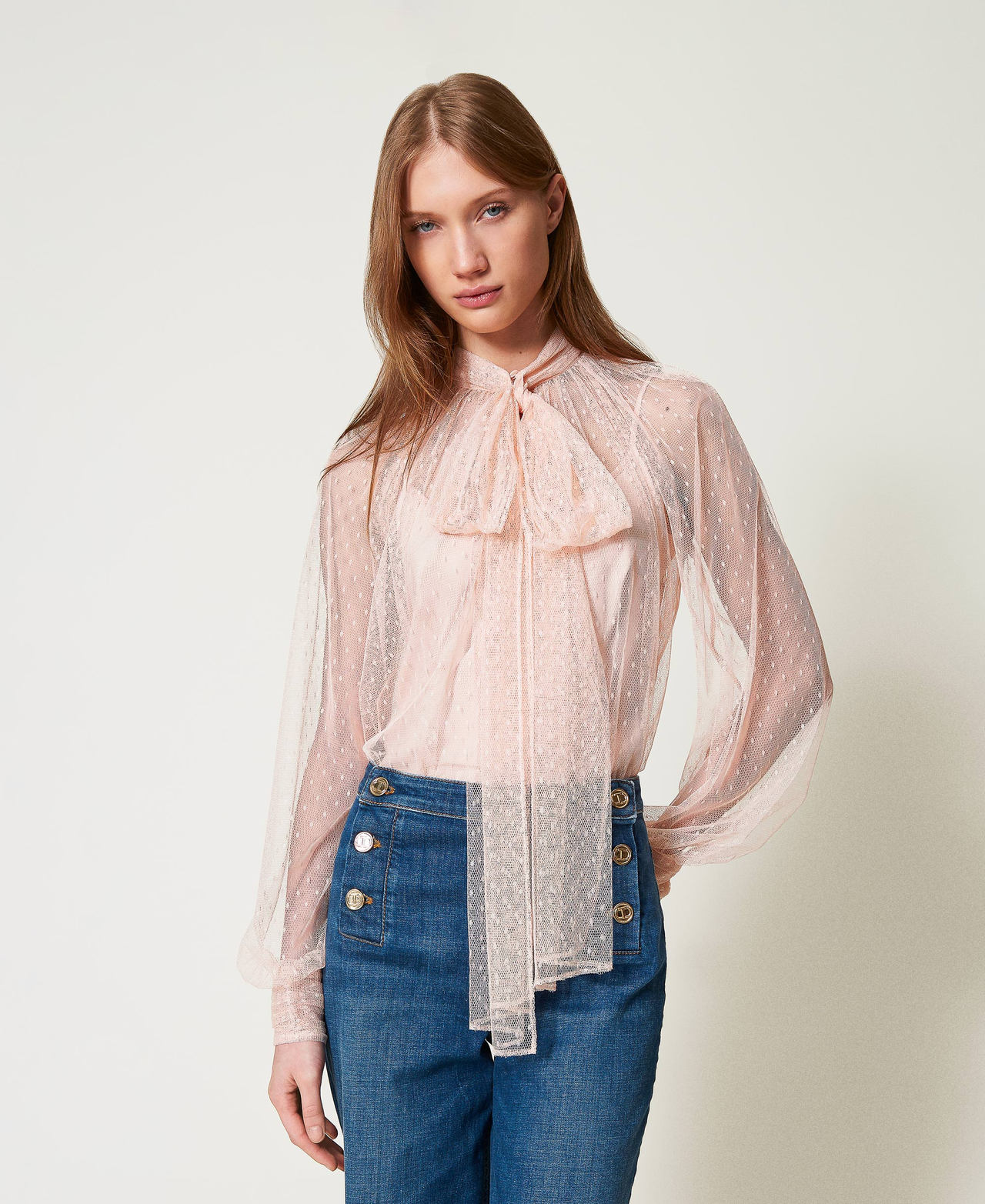 Twinset Blouses - Blouse en tulle avec col lavallière, Cupcake Pink, Taille: 44