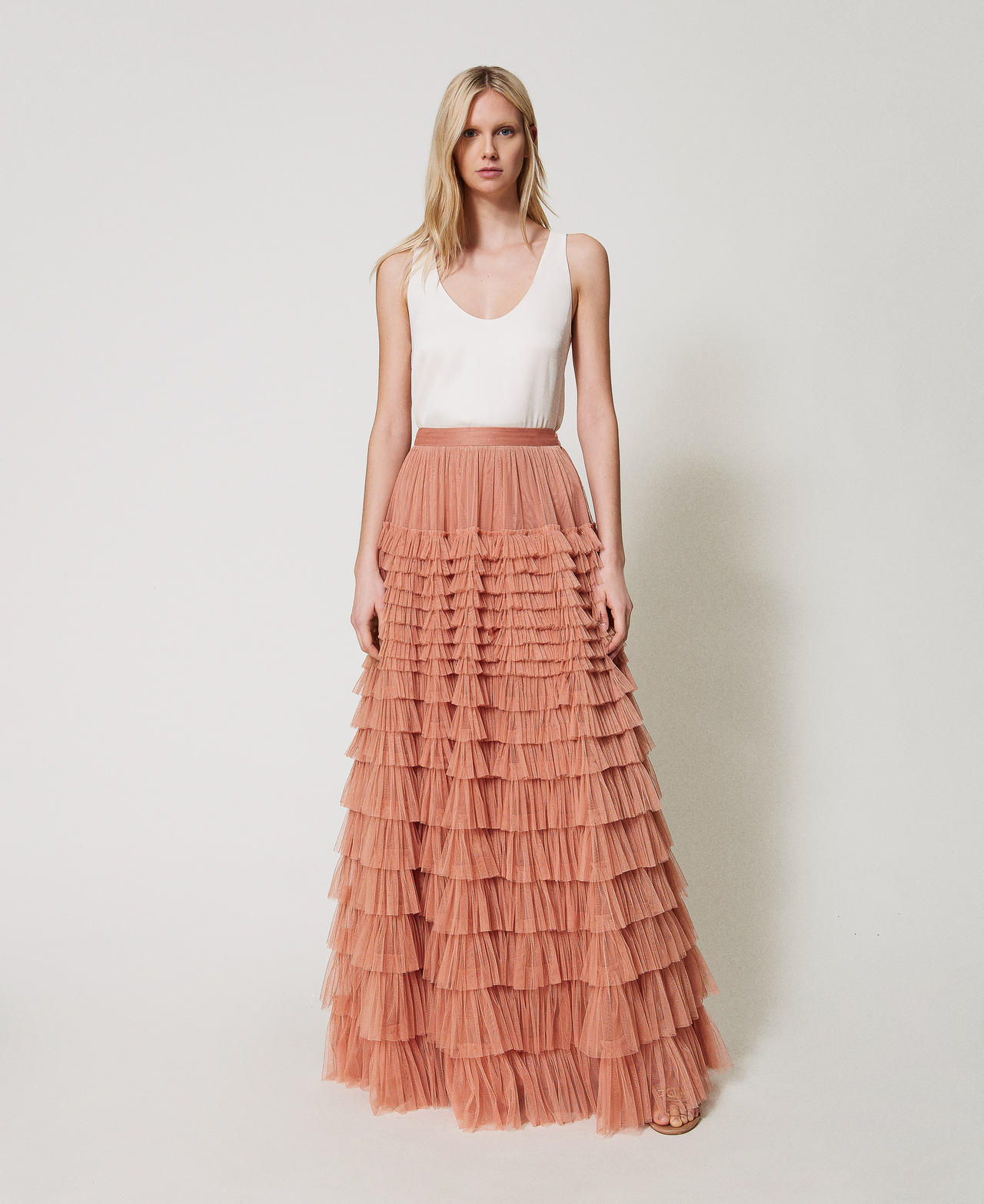 Twinset Jupes - Jupe longue en tulle avec volants, Dusty Coral, Plissé, Taille: 38