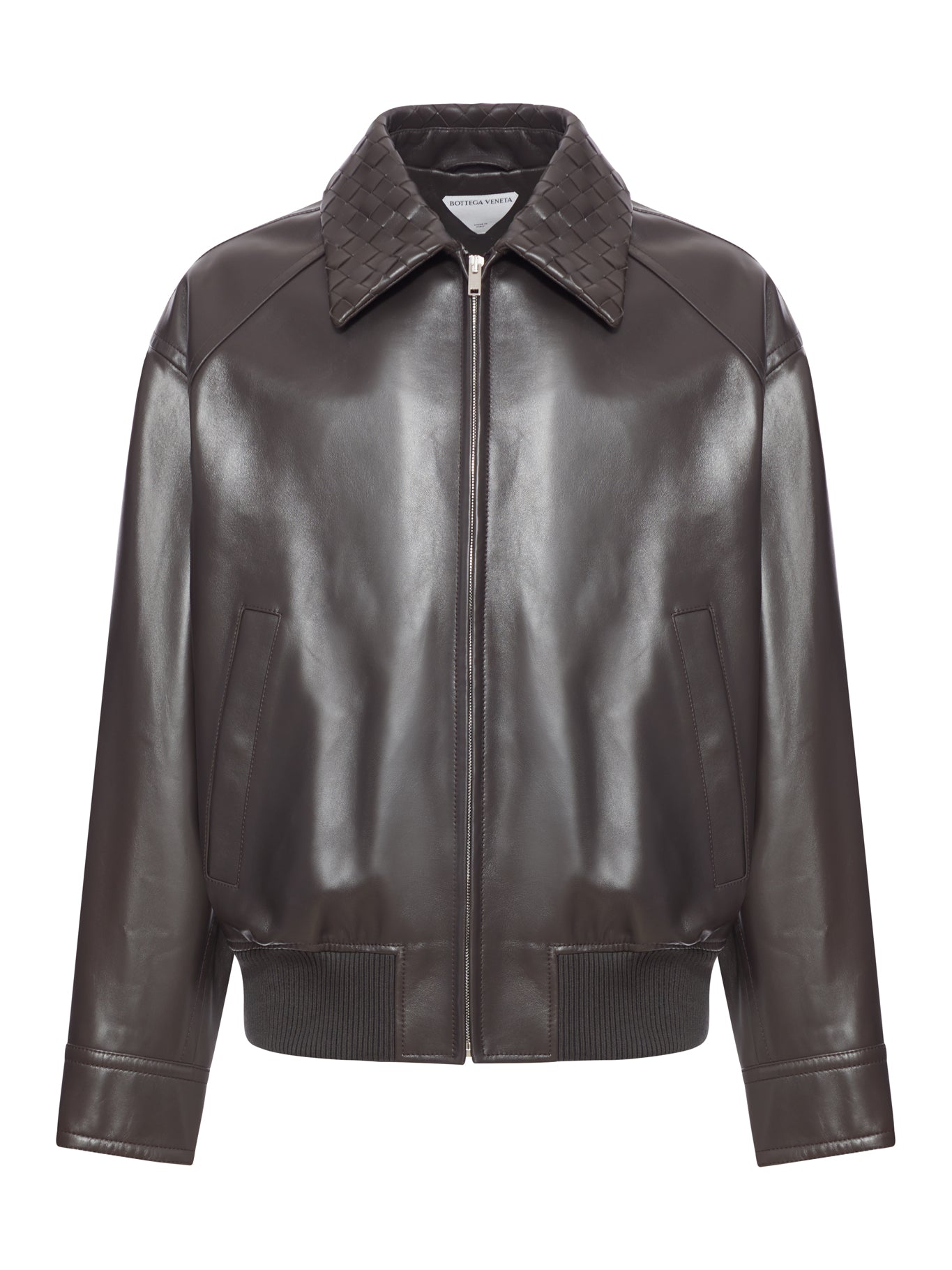 LEATHER JACKET WITH WOVEN COLLAR - Bottega Veneta - Man