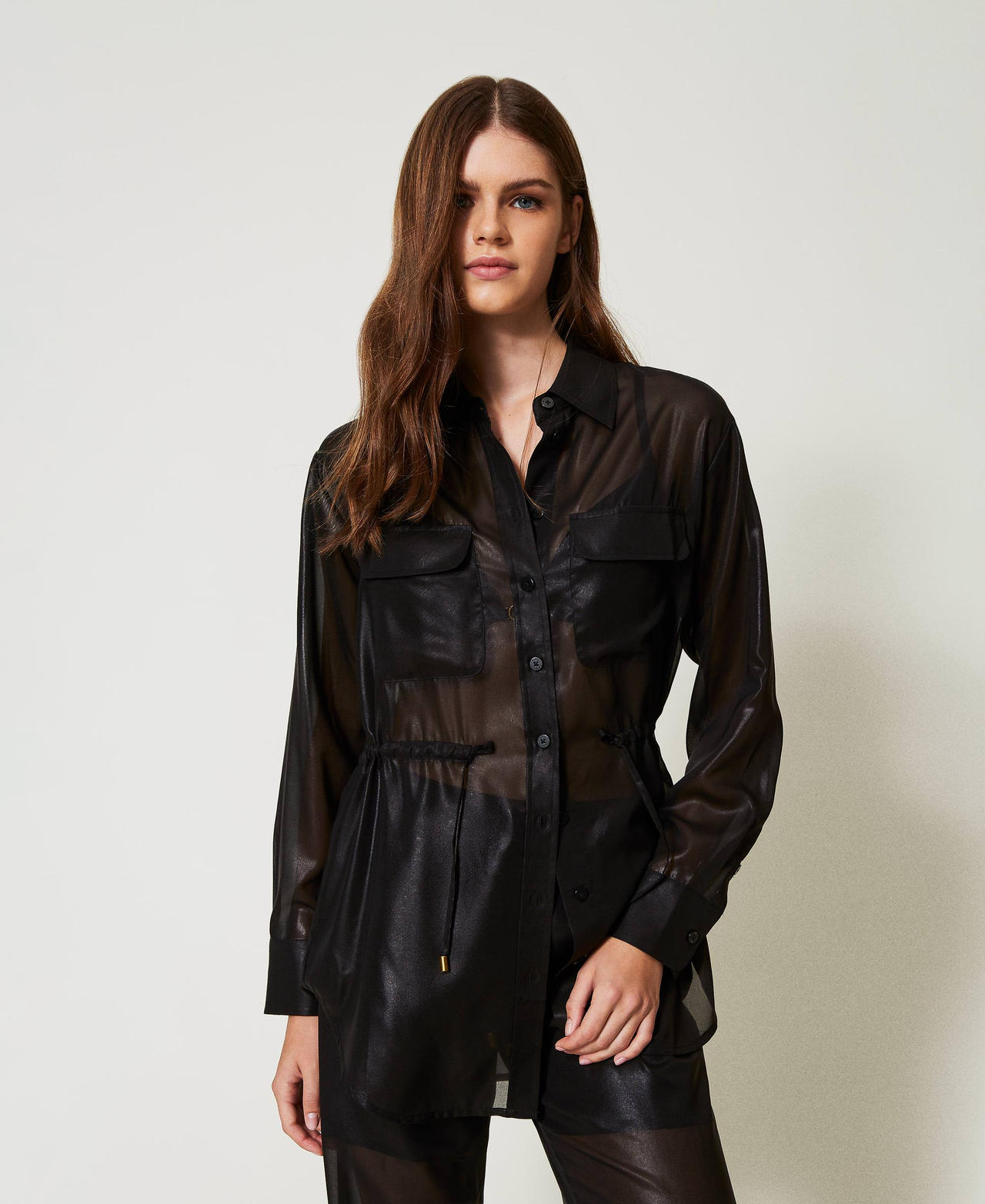Twinset Plage - Chemise en crêpe georgette lamé, Noir, Taille: L