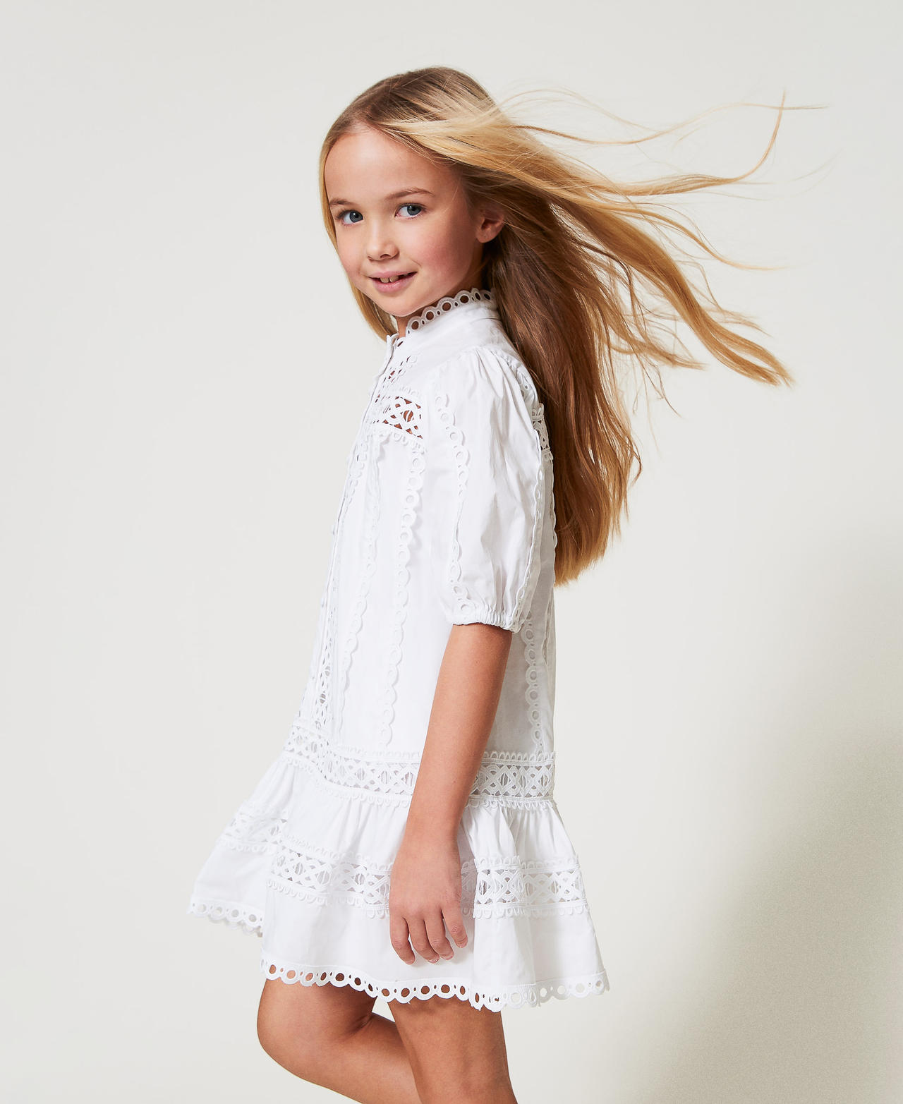 Twinset Robes - Robe courte en popeline avec broderie, Blanc "Ice", Coton, Taille: 4A