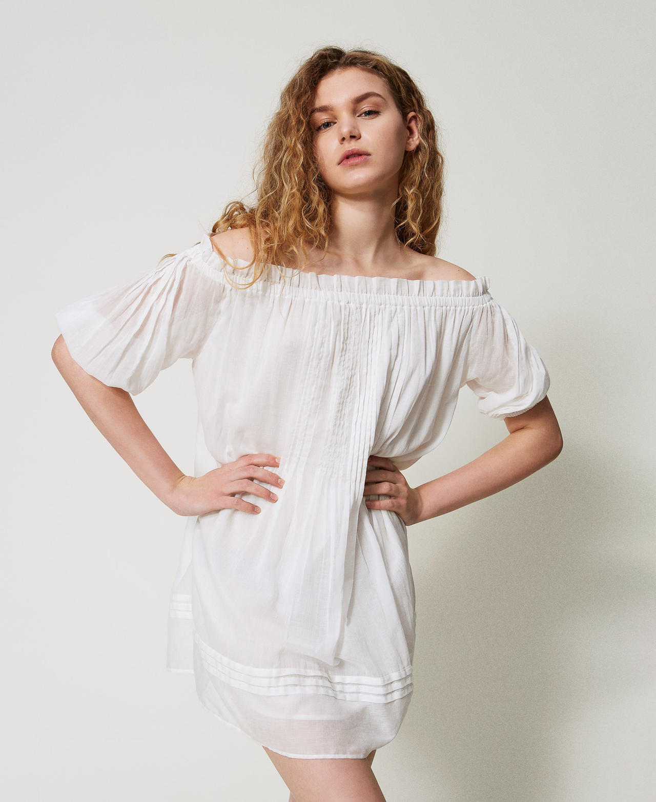 Twinset Plage - Robe courte en mousseline avec plis, Blanc Sugar, Coton, Taille: XL