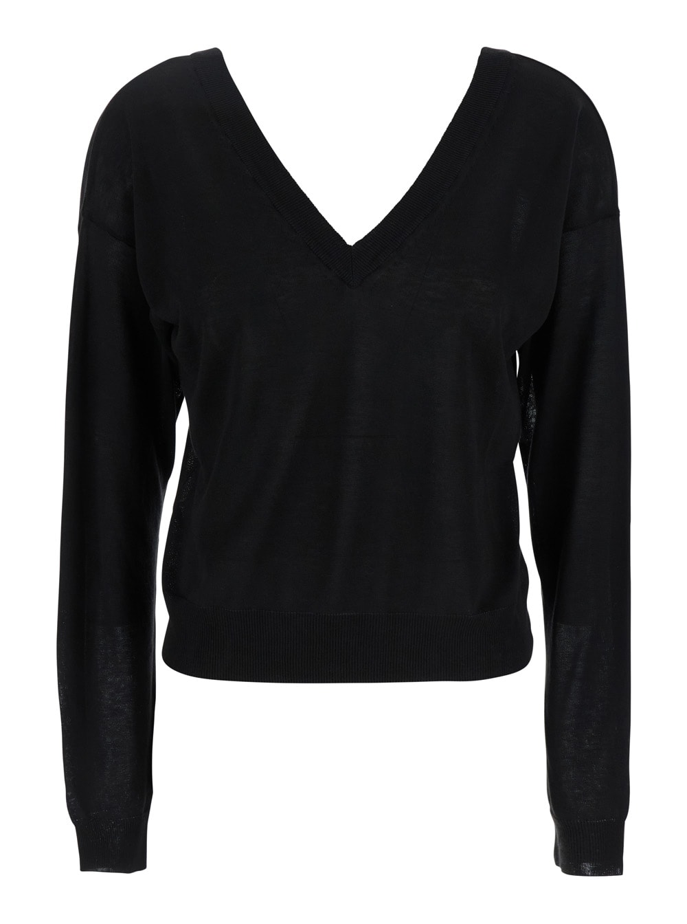 Mauro Grifoni Black Cropped T-shirt With V Neck In Cotton And Silk Blend Woman