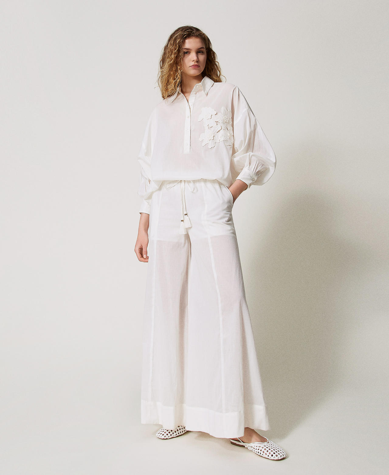 Twinset Plage - Pantalon palazzo en mousseline, Blanc Sugar, Coton, Taille: XS