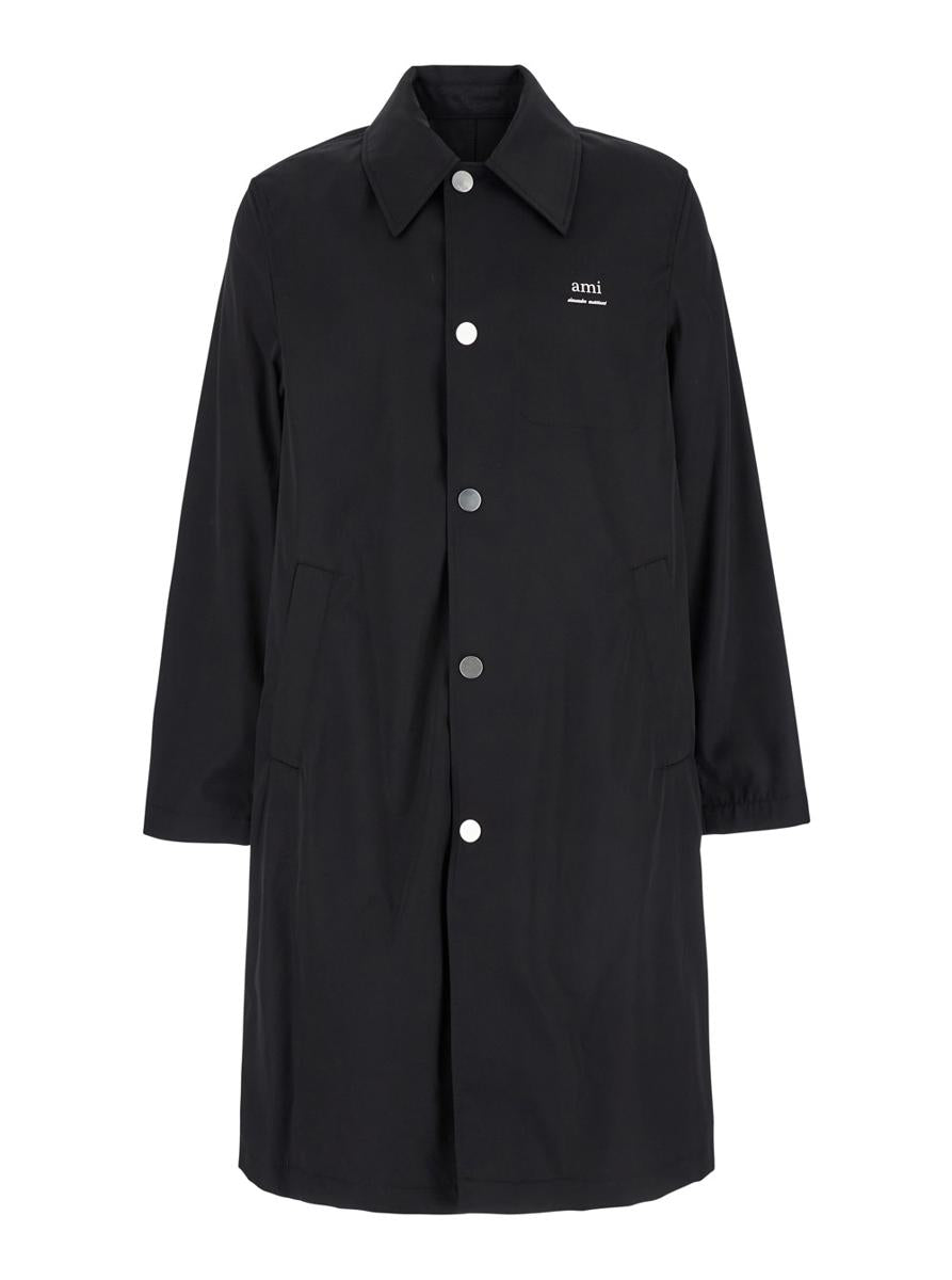 Black Coat With Classic Collar And Front Button Closure In Cotton Blend Man