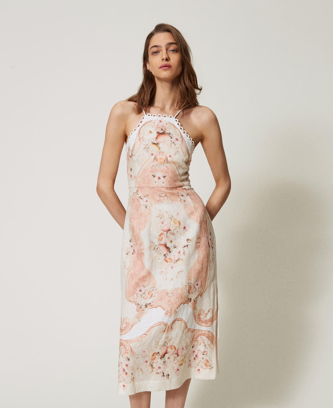 Twinset Robes - Robe midi en lin imprimé, Imprimé Fleurs Tapestry Dusty Coral Shade, À fleurs, Taille: 42
