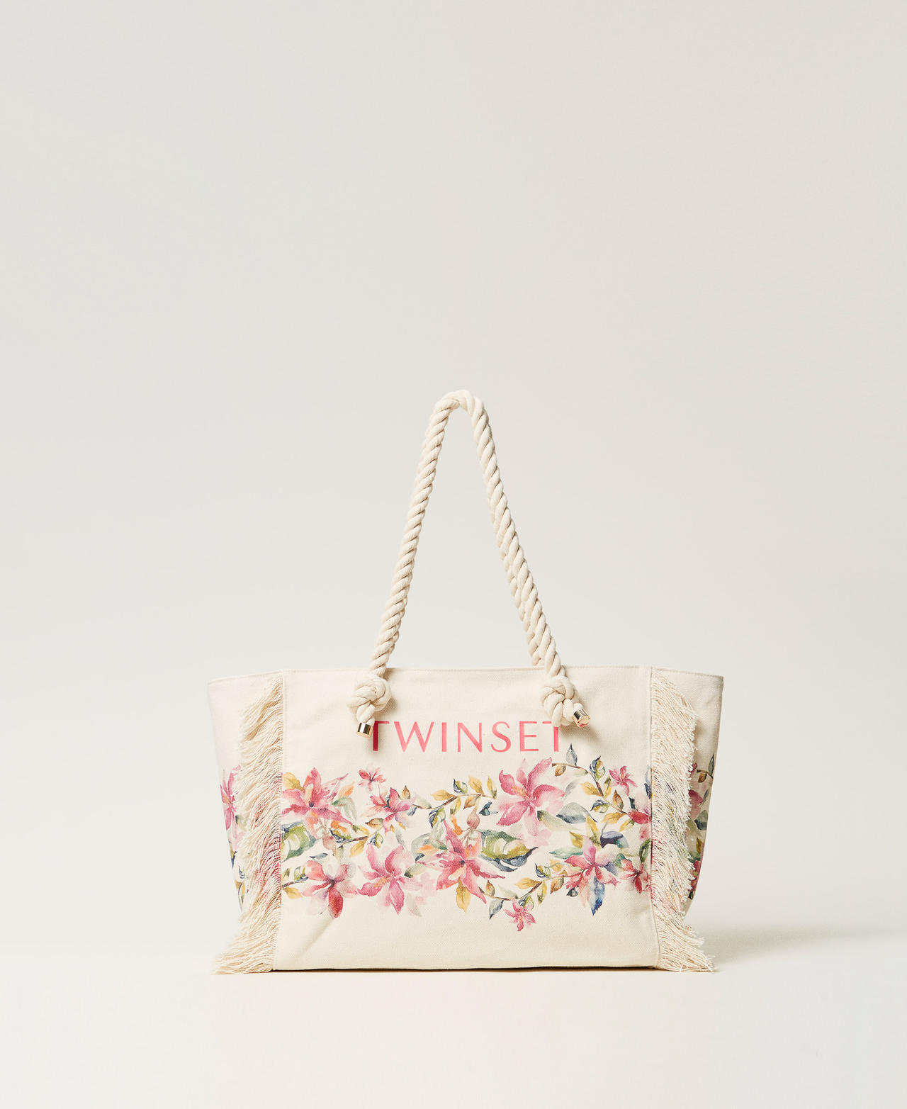 Twinset Plage - Cabas en toile imprimée, Imprimé Fleurs Nacre/Multicolore, Taille Unique