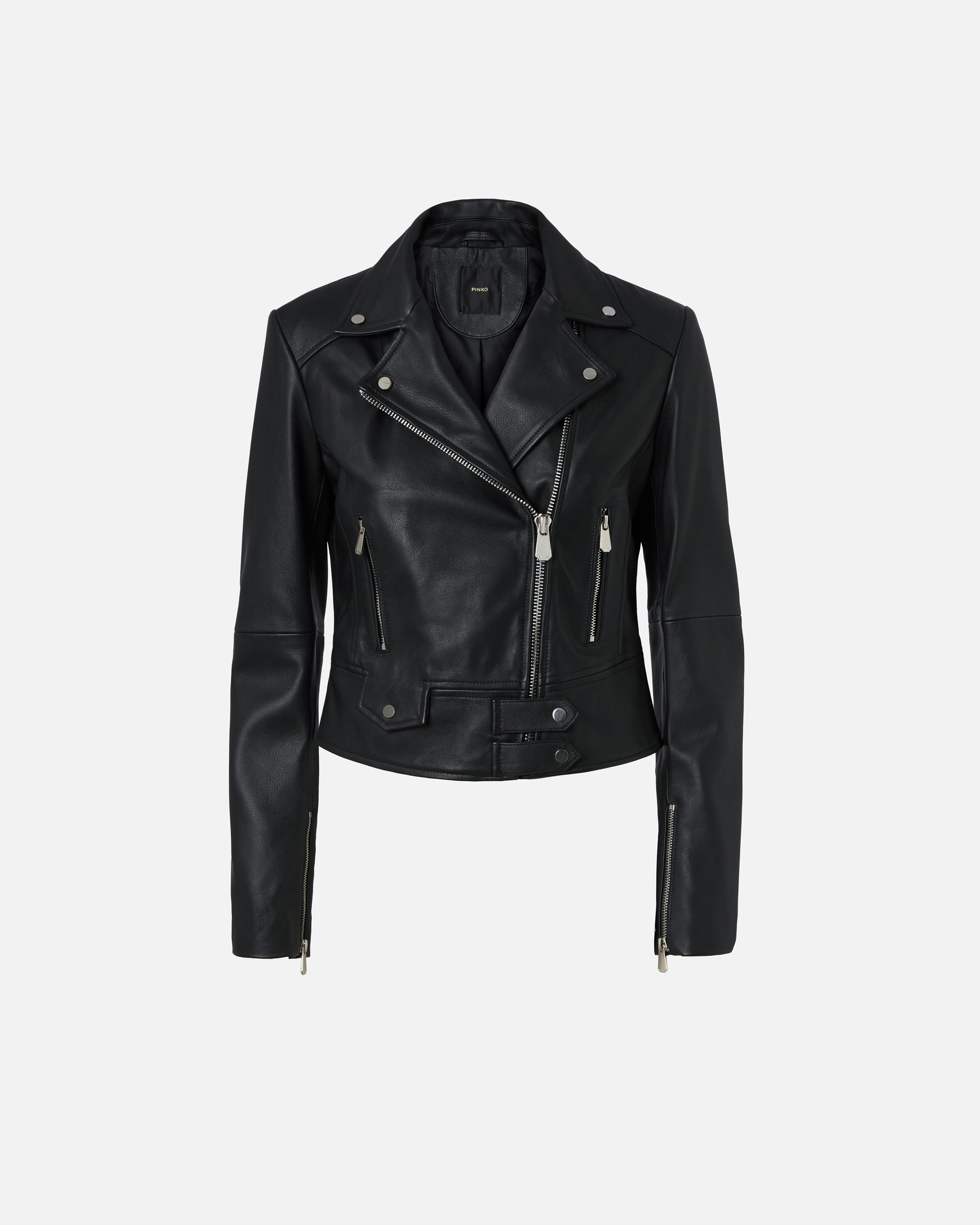 Pinko, Blouson de motard court zippé en cuir nappa, Noir limousine, 36