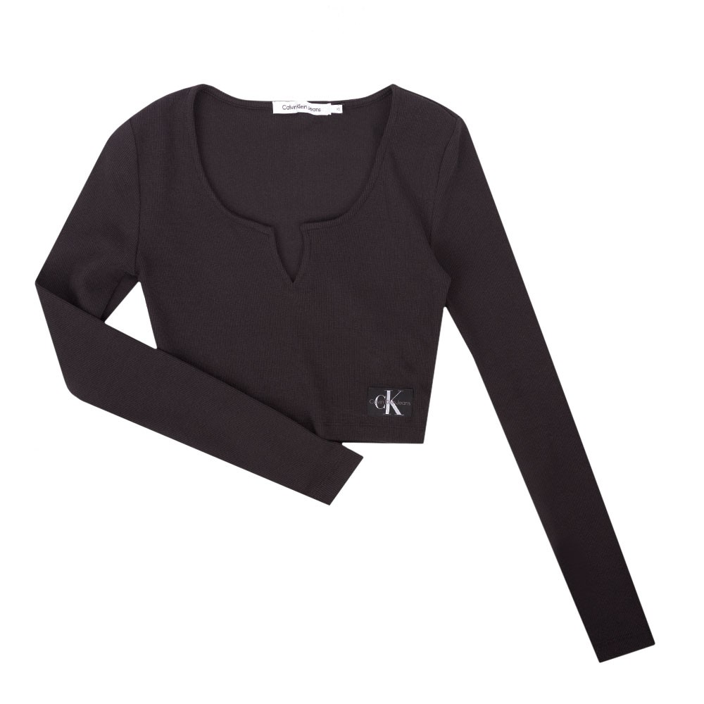 Split Collar Rib Long Sleeve Top