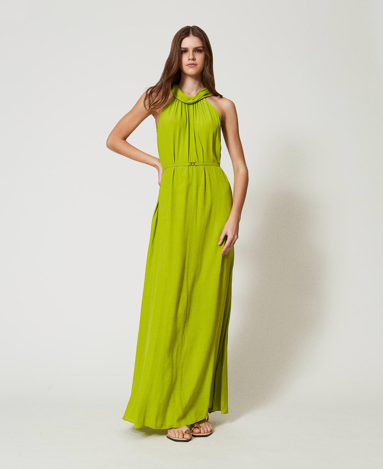 Twinset Plage - Robe longue avec encolure américaine et ceinture, Green Grenoble, Taille: XL