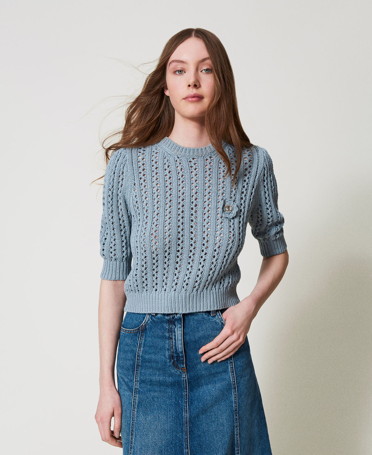 Twinset Pulls - Pull avec broche en crochet, Gris « Bleu Layette », Coton, Taille: L