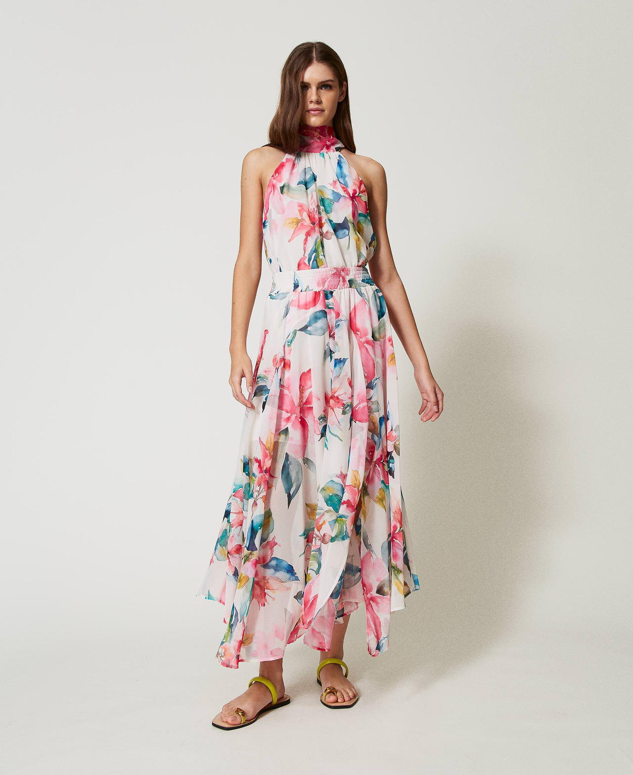 Twinset Plage - Jupe longue en crêpe georgette avec imprimé floral, Imprimé Fleurs Nacre/Multicolore, À fleurs, Taille: M