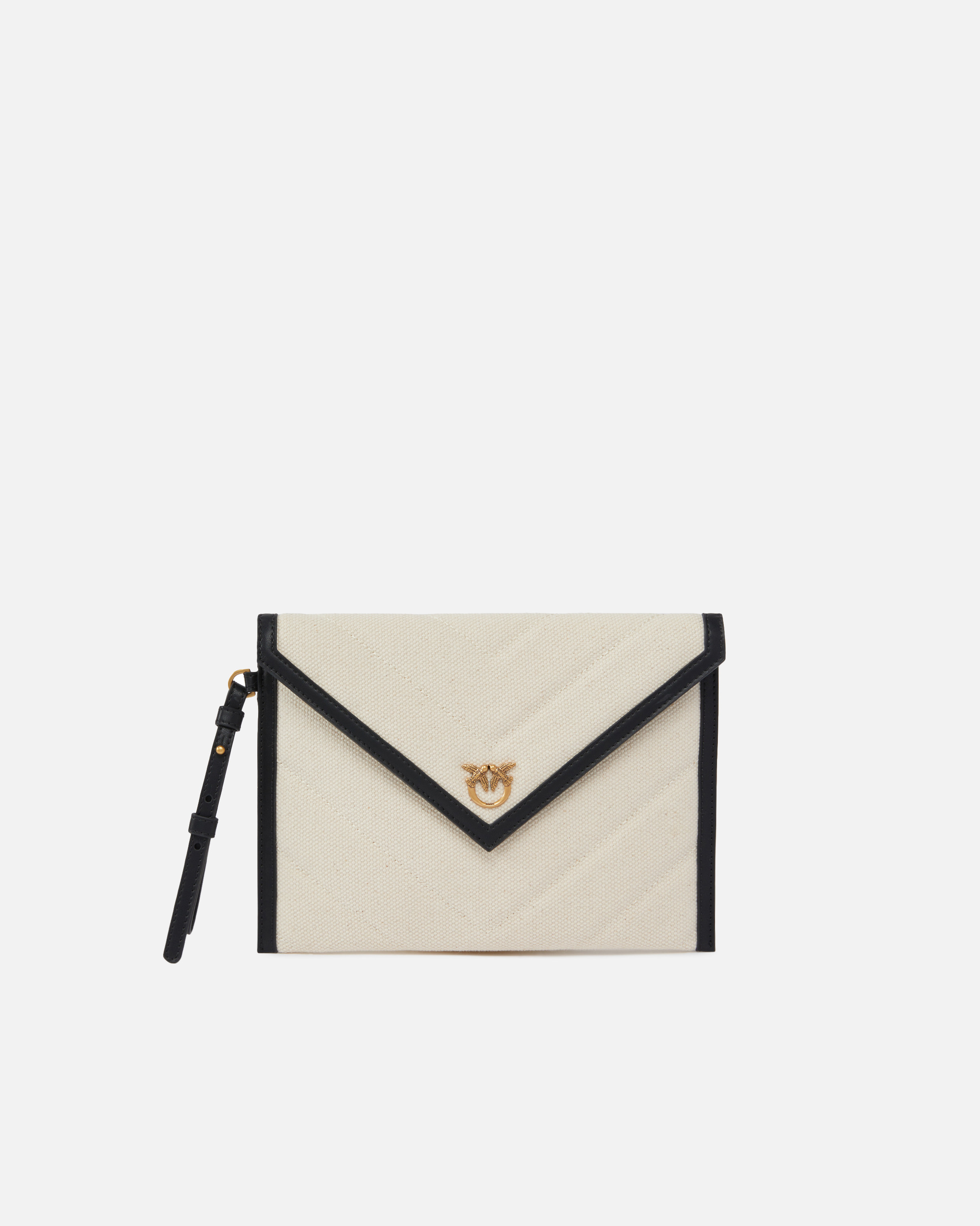 Pinko, Pochette plate en canvas bordée de cuir, Beige/noir-or antique, U