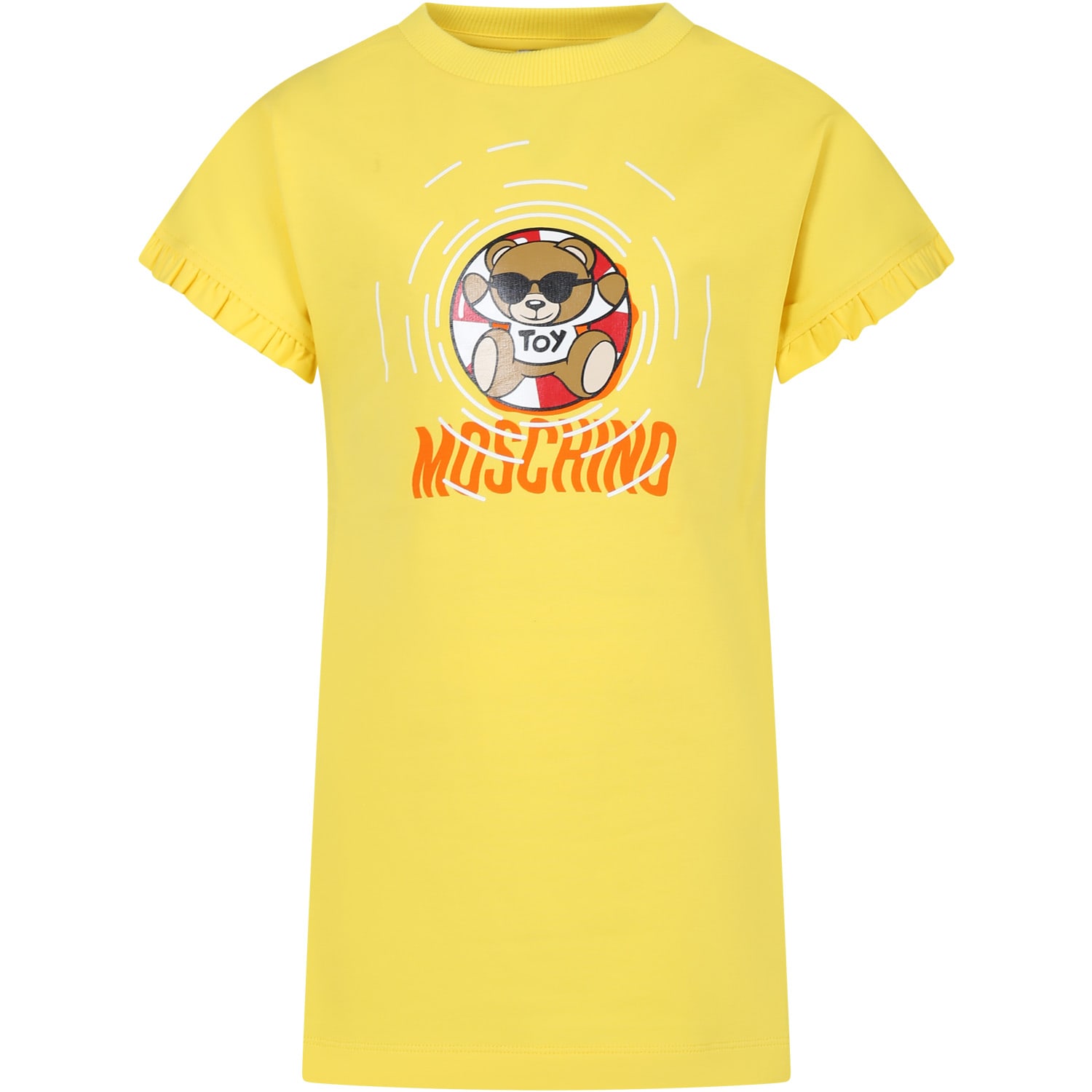 Moschino Yellow Dress For Girl With Multicolor Print And Teddy Bear