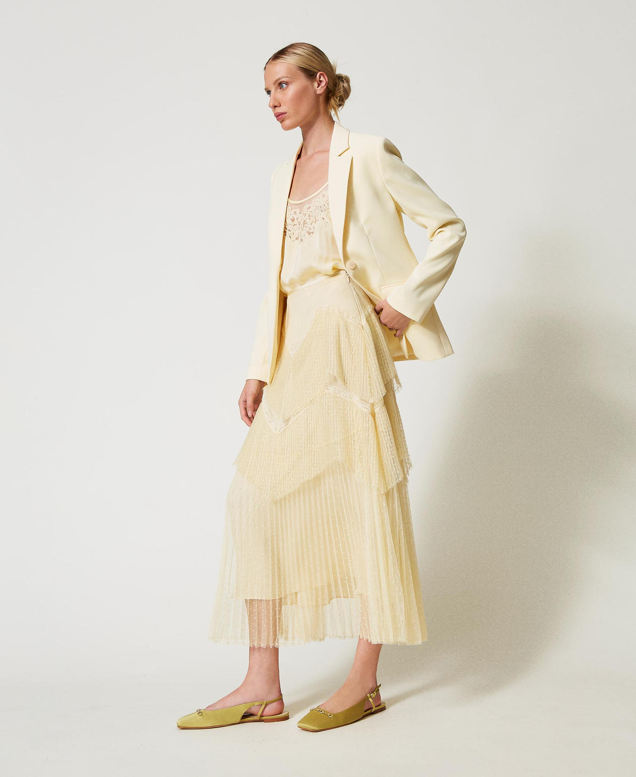 Twinset Jupes - Jupe longue en tulle avec volants plissés, Vanille, Taille: 40