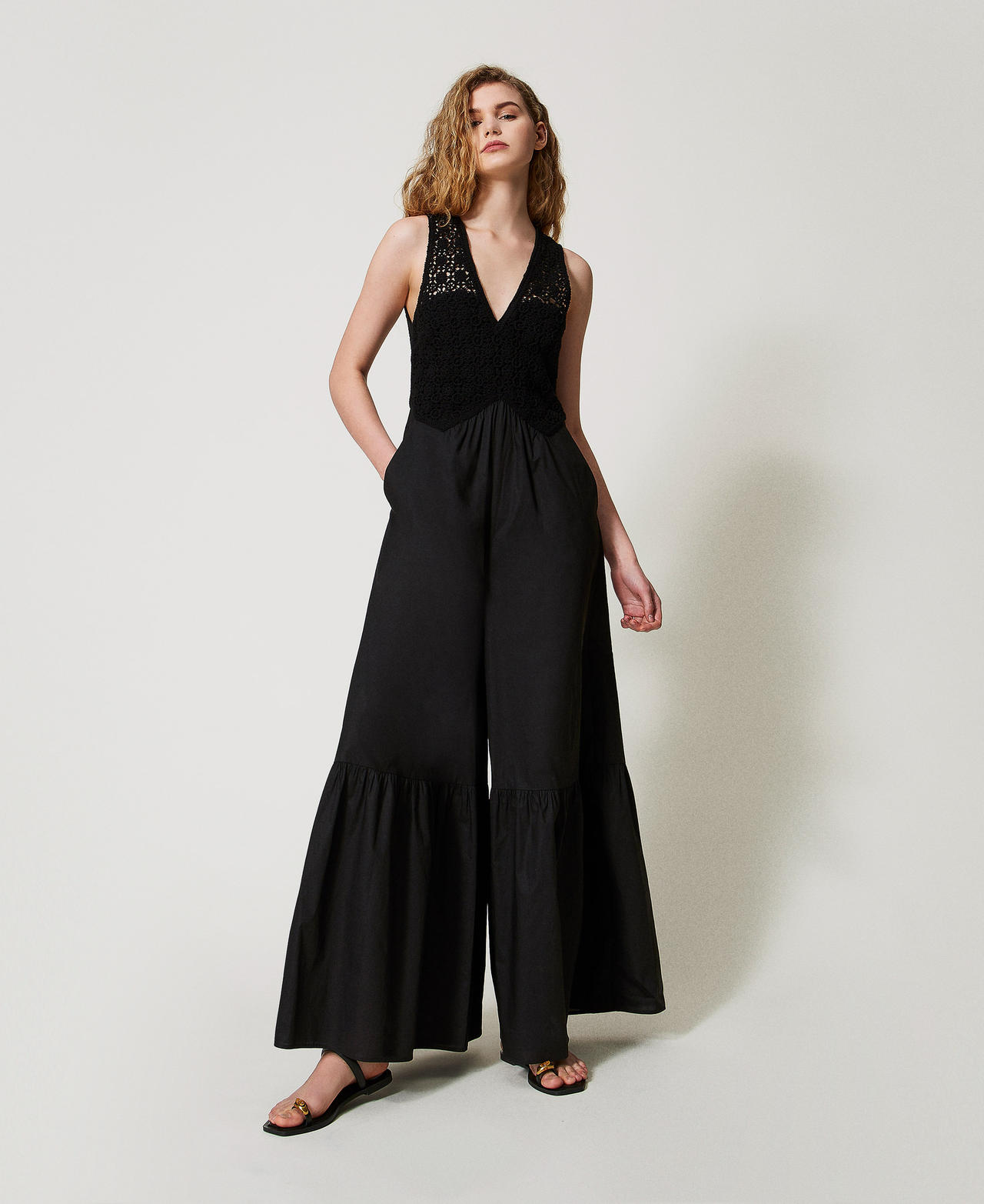 Twinset Robes - Combinaison longue en popeline avec crochet, Noir, Coton, Taille: 38