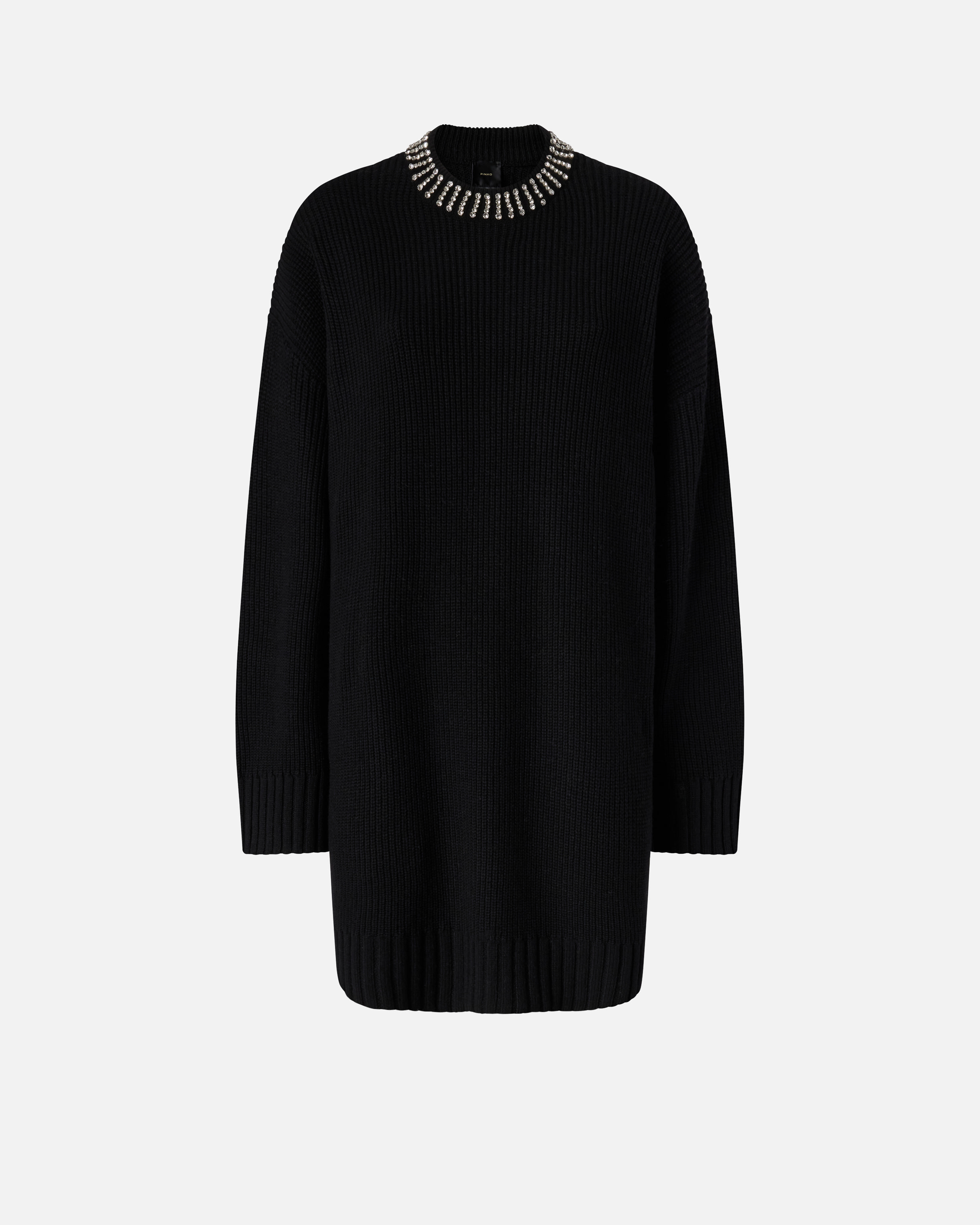 Pinko, Knit dress with rhinestone-detailed neck, Noir limousine, XXS