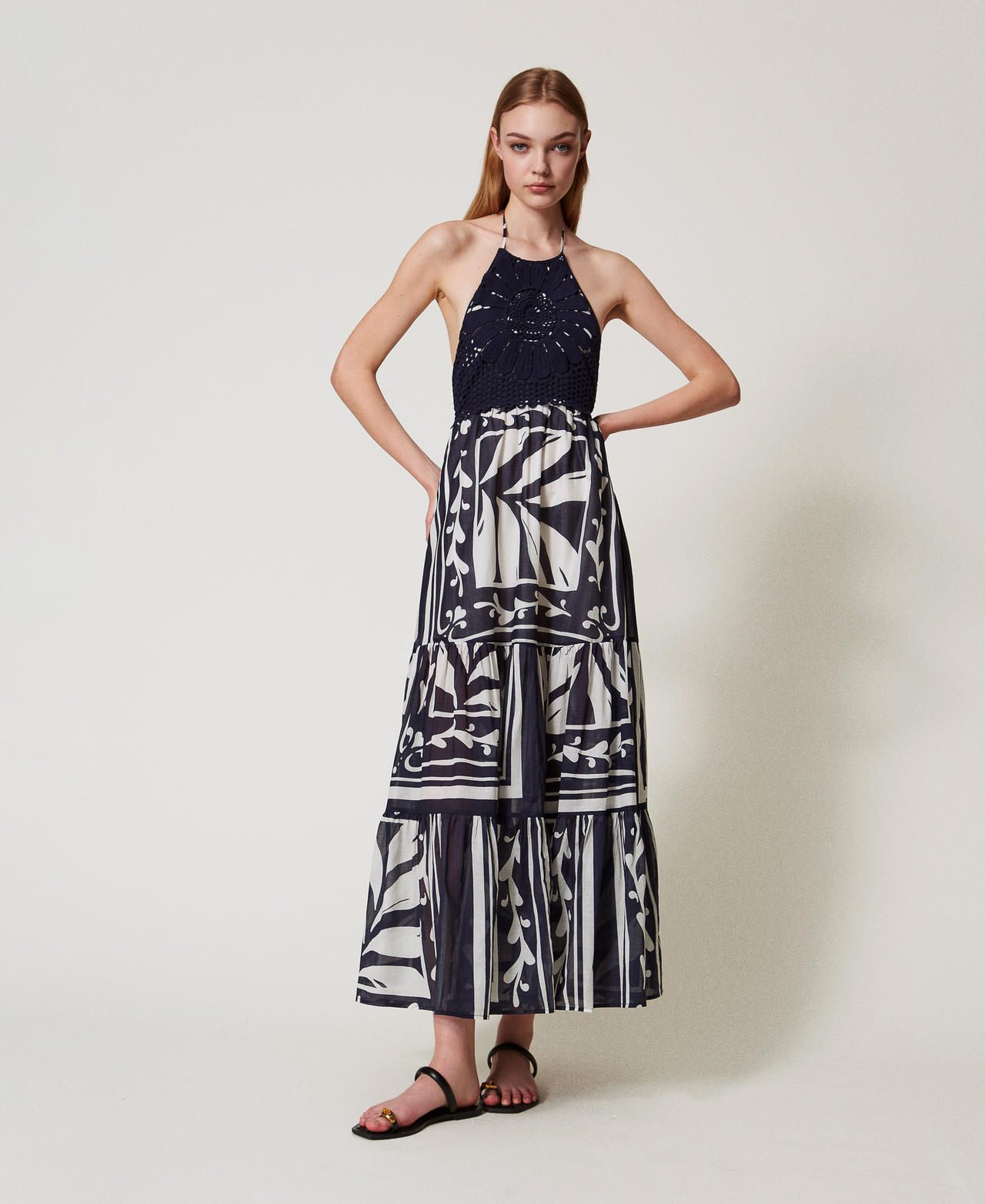 Twinset Plage - Robe longue en mousseline et crochet, Imprimé Foulard Classic Blue/Classic Blue, Coton, Taille: S