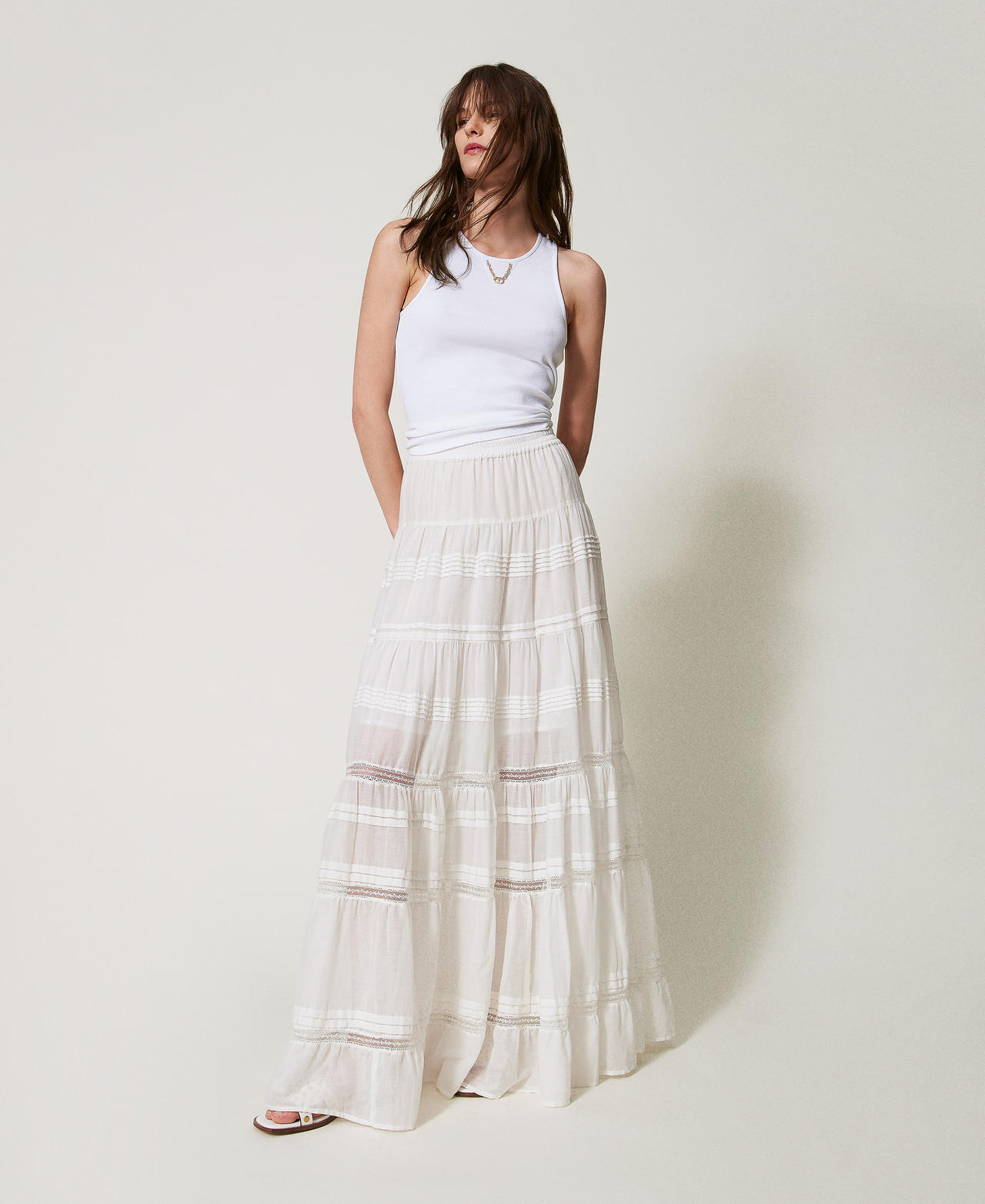 Twinset Plage - Jupe longue en mousseline avec volants, Blanc Sugar, Dentelle, Taille: XL