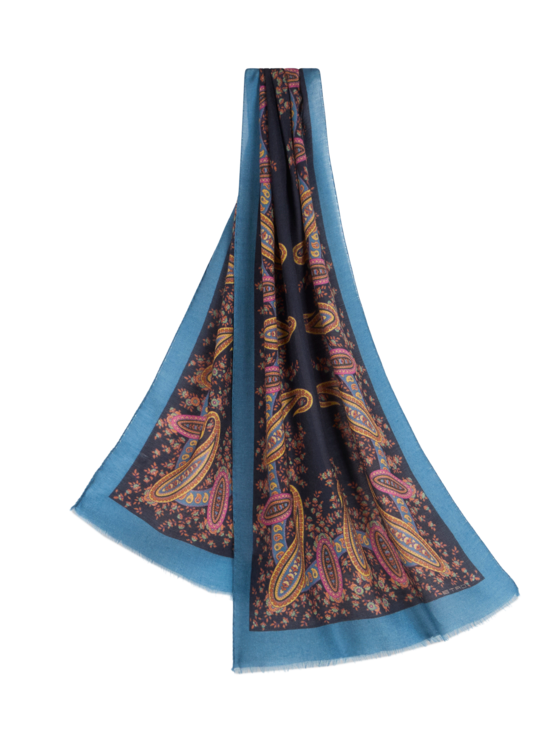 Etro, Écharpe Imprimée En Laine, Cachemire Et Soie, Femme, Bleu