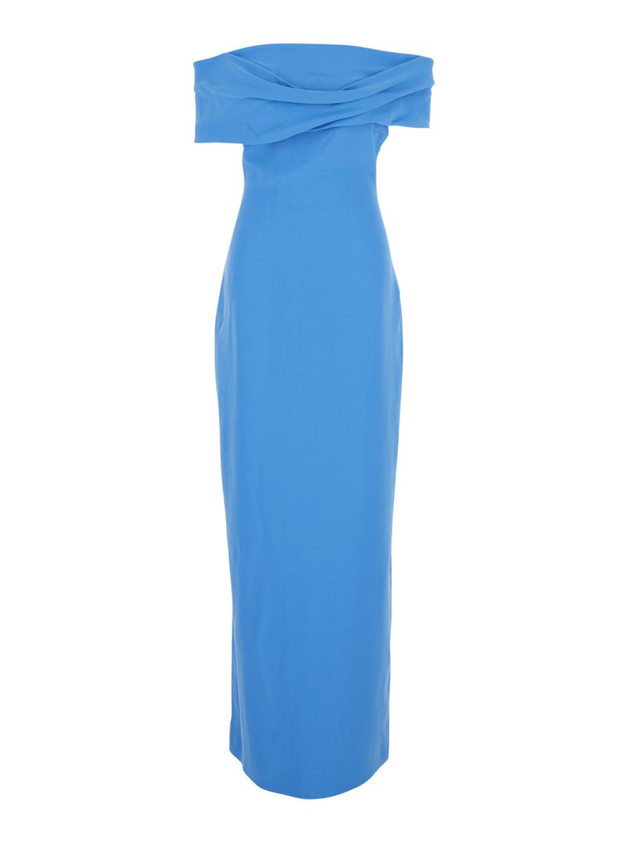 'Eva' Blue Off-Shoulder Long Dress With Draped Detail In Tech Fabric Woman